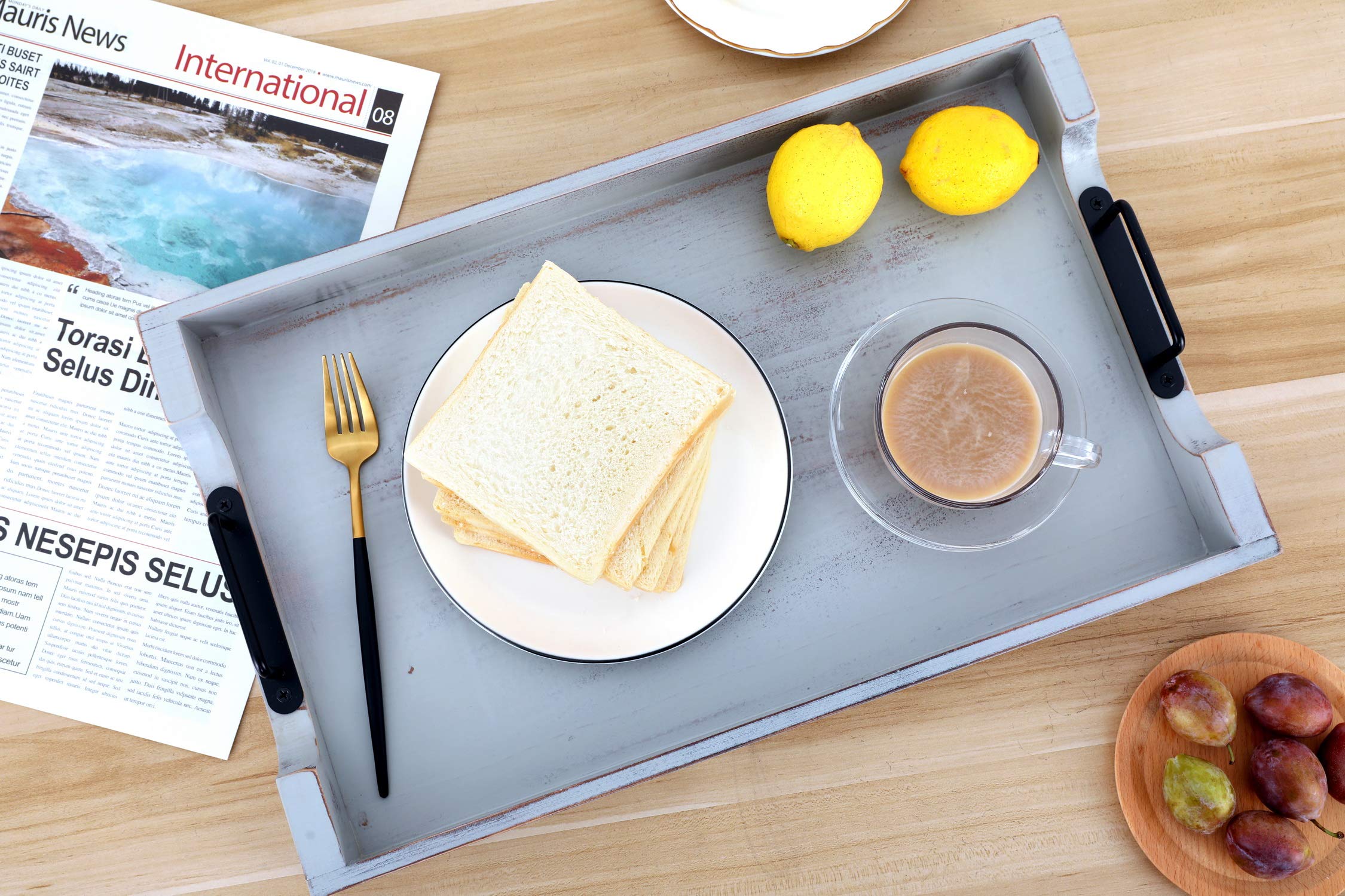 Large Ottoman Tray with Handles 20x12 inch Wood Trays for Coffee