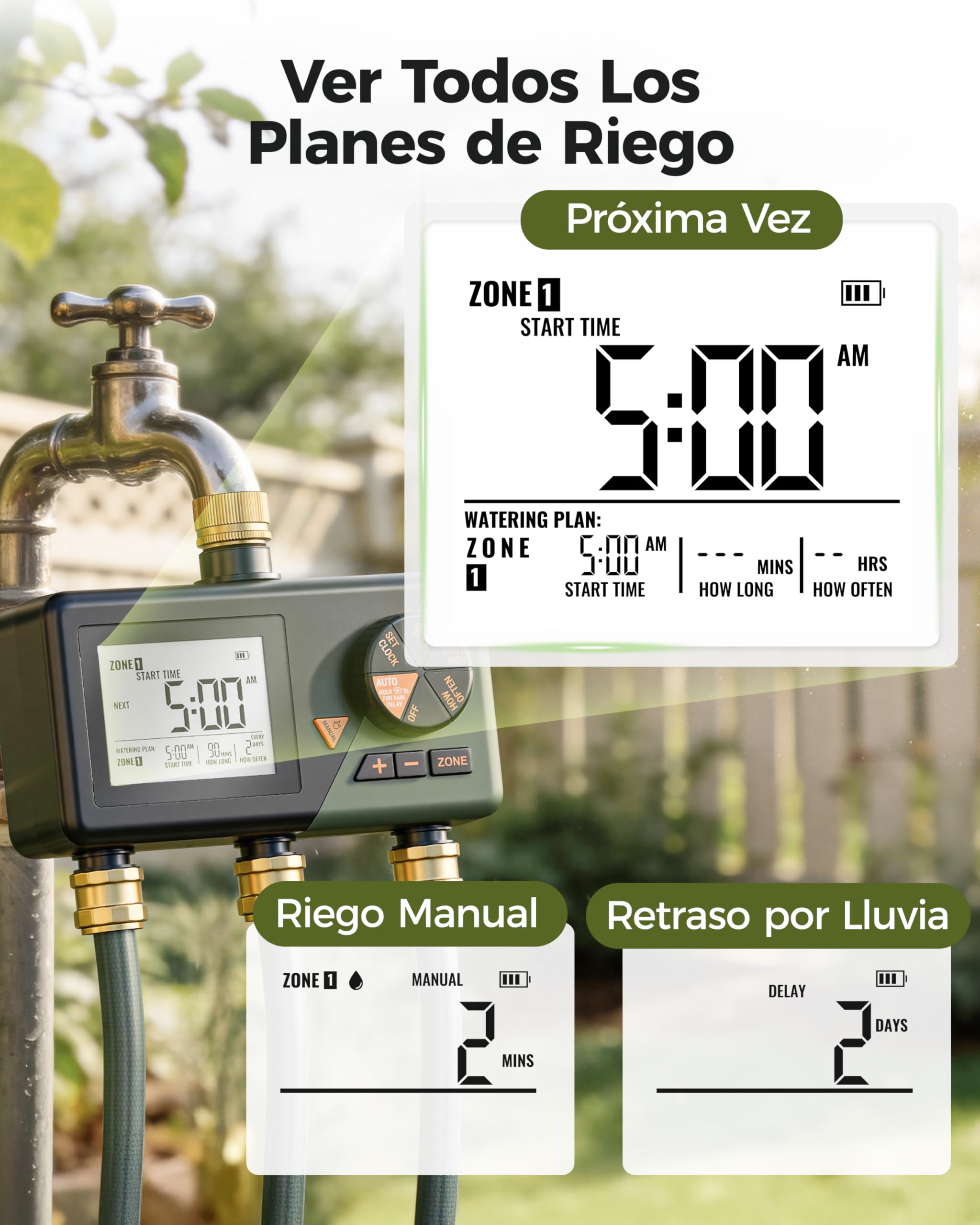 Diivoo Latón Temporizador Riego Automático 3 Salidas para Jardín y Césped | Gran Pantalla LCD, Retraso por Lluvia, Riego Manual/ Automatico