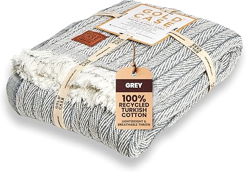 Gold CASE - Manta para sofá, 100 % algodón reciclado de 50 x 60 pulgadas, mantas vintage para sala de estar, cama y exteriores, mantas decorativas