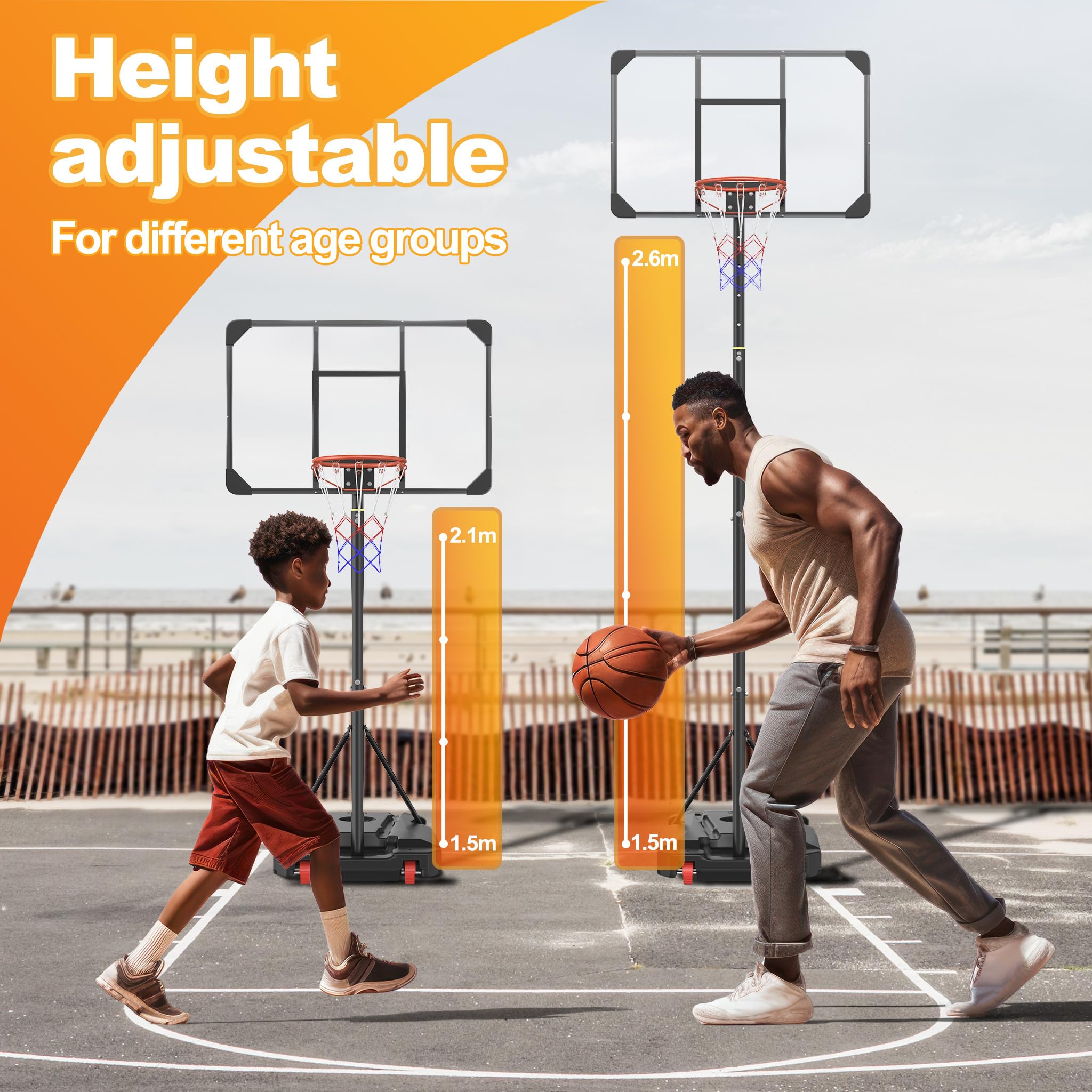 UISEBRT Freistehender Basketballständer Höhenverstellbar 150–260 cm | Bruchsichere PC-Backboard | Outdoor Basketballkorb mit 2 Netzen, Basketball Größe 5 & Luftpumpe für Garten, Terrasse, Einfahrt