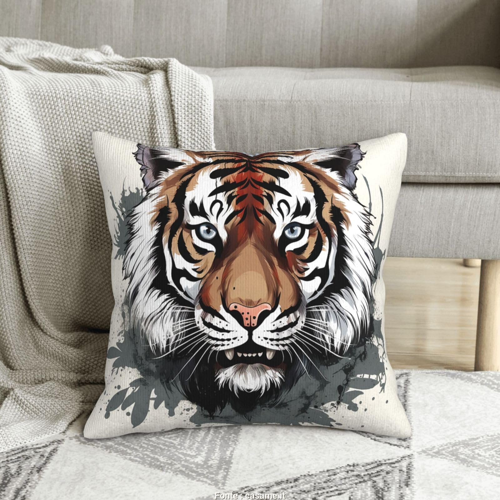 Housse de coussin velours côtelé tigre noir et blanc 50x50 pour déco canapé salon et chambre