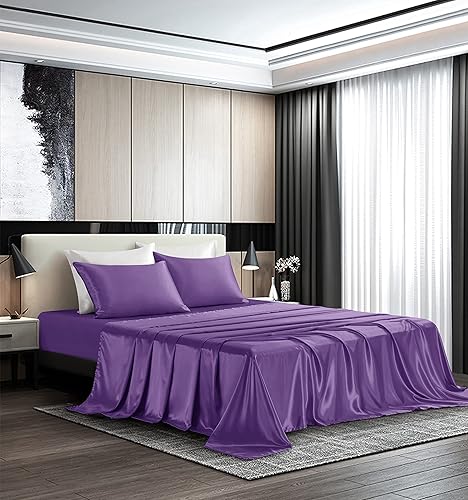 Miniatura 2 de PraySummer - Juego de sábanas de satén de lujo juego de sábanas suaves y sedosas con 1 sábana bajera de bolsillo profundo 1 sábana encimera 2 fundas
