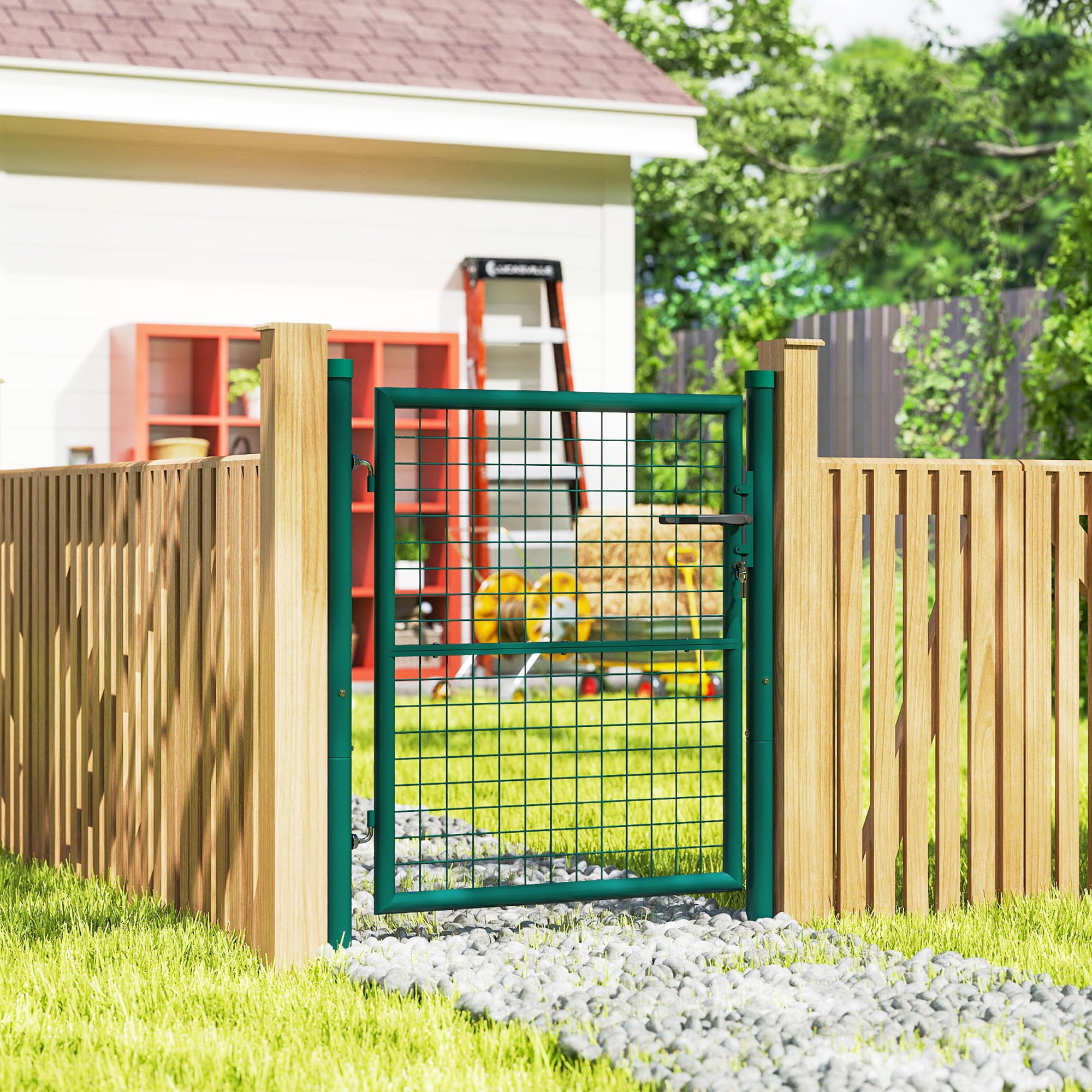 Outsunny Portillon de jardin en acier 97 x 150 cm portail de jardin avec serrure, clés et poignée, décoration en flèche, portillon de patio extérieur, vert