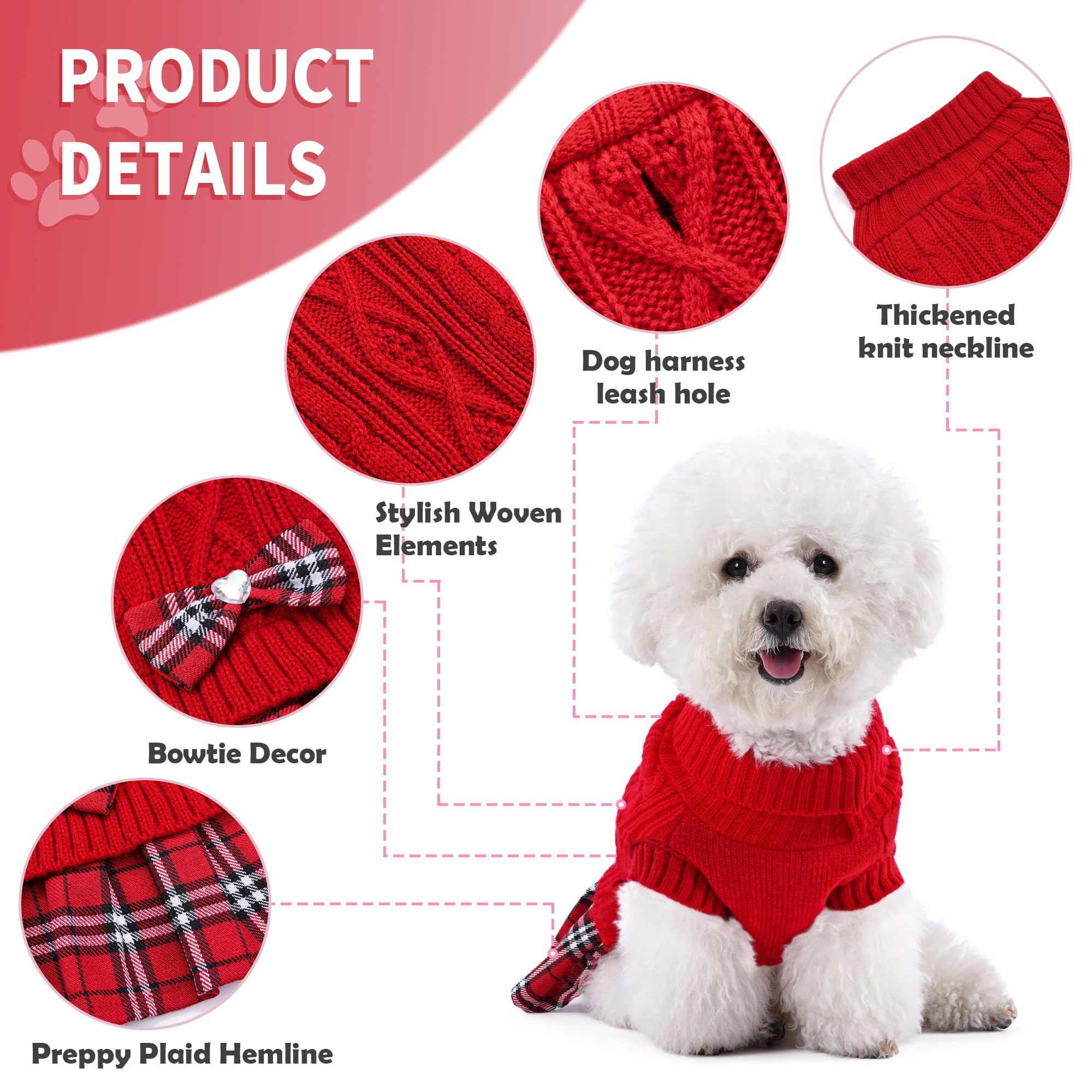 WOYYHO Hundepullover, Kleid mit karierter Fliege, Faltenrock, Hundepullover mit Loch für die Leine, Rollkragen, Hundepullover, Strickwaren, Welpenpullover, Winter, Hundekleidung für kleine mittelgroße