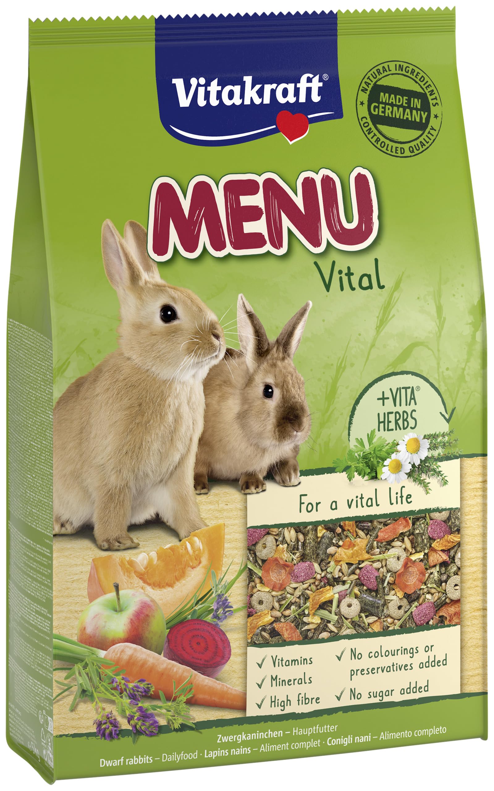 Vitakraft Menu Vital, Zwergkaninchen Futter, mit Kräutern und Gemüse, rohfaserreich, ohne Zusatz von Zucker (3x 5kg)
