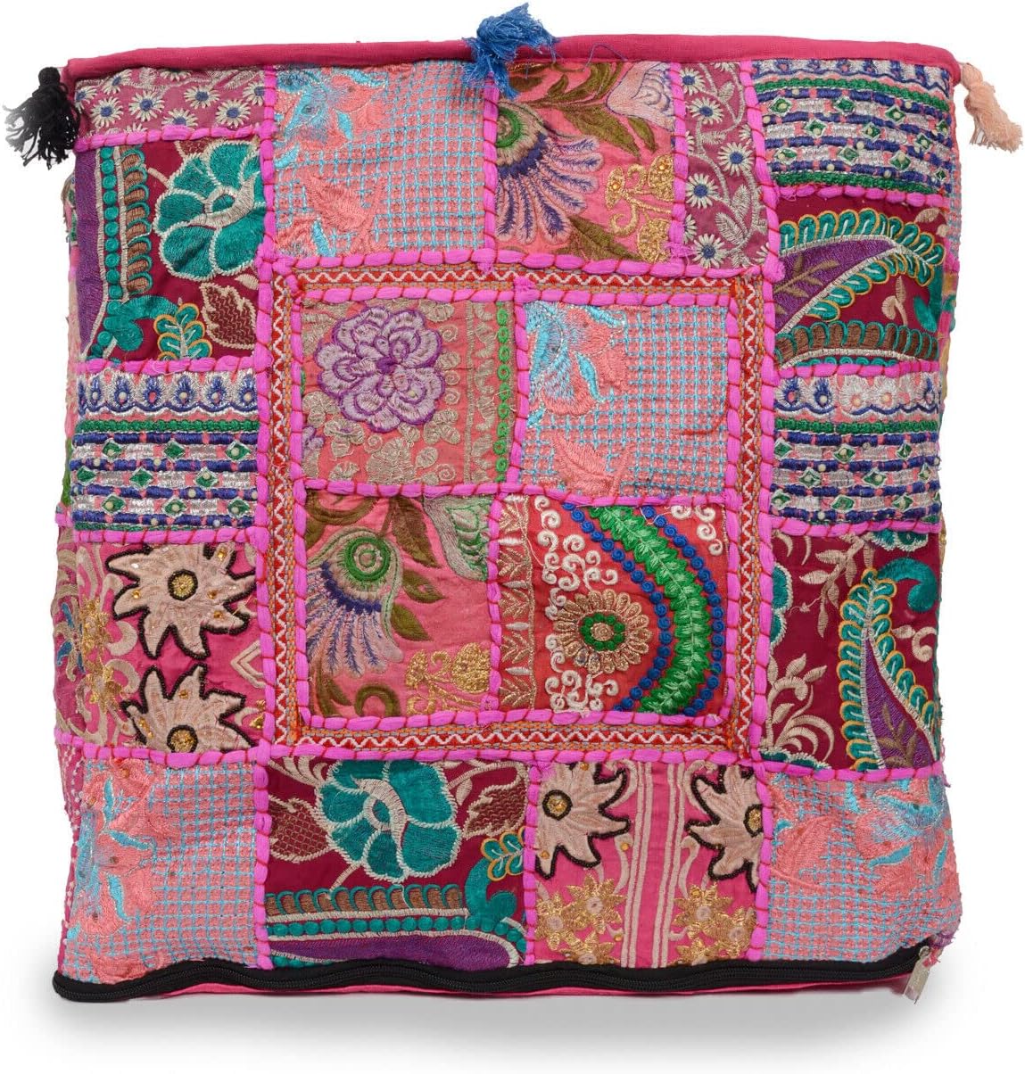 18" Indian Handmade Ethnic Cotton Embroidered Patchwork Square Pouf