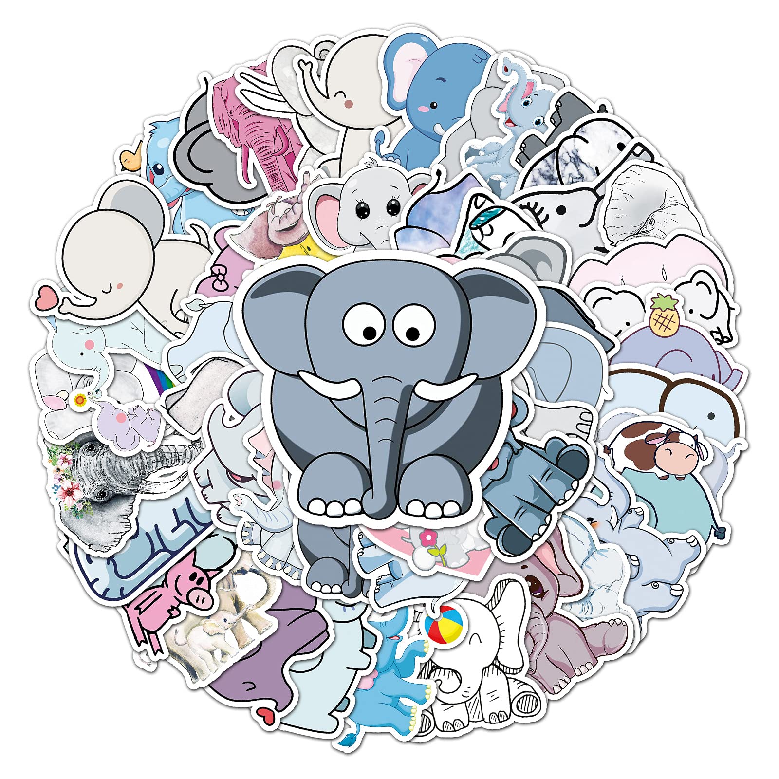 50Pcs Elephant Stickers Laptop Car Scrapbook Phone Skateboard Suitcase Luggage Bike Cute Elephant Stickers Vinyl Waterproof Aesthetic Personalised Stickers for Teens Boys Girls Adults Children
