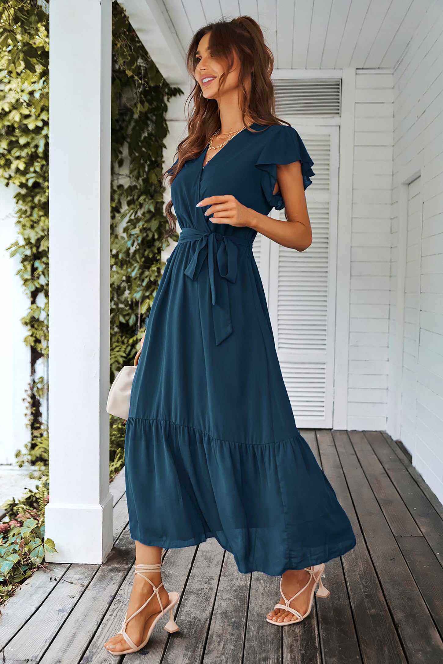 Awemeal Kleid Damen Sommer Elegant V-Ausschnitt Kurzarm Lang Sommerkleid Boho Blumenkleid mit Gürtel Rüschen Saum Wickelkleid Strandkleid A Linie Fließend Maxikleid