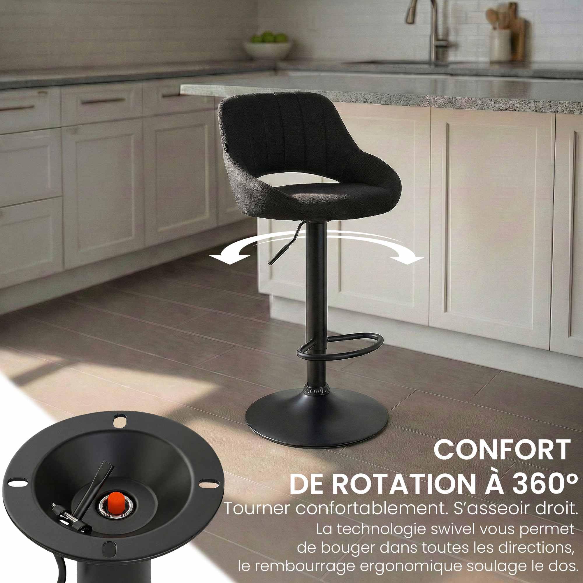 CLP Tabouret de Bar Milet reglable en Hauteur avec Dossier, Chaise de Bar rembourree en Tissu, pivotante, Structure Metallique, Couleur:Noir, Couleur du Cadre:Noir