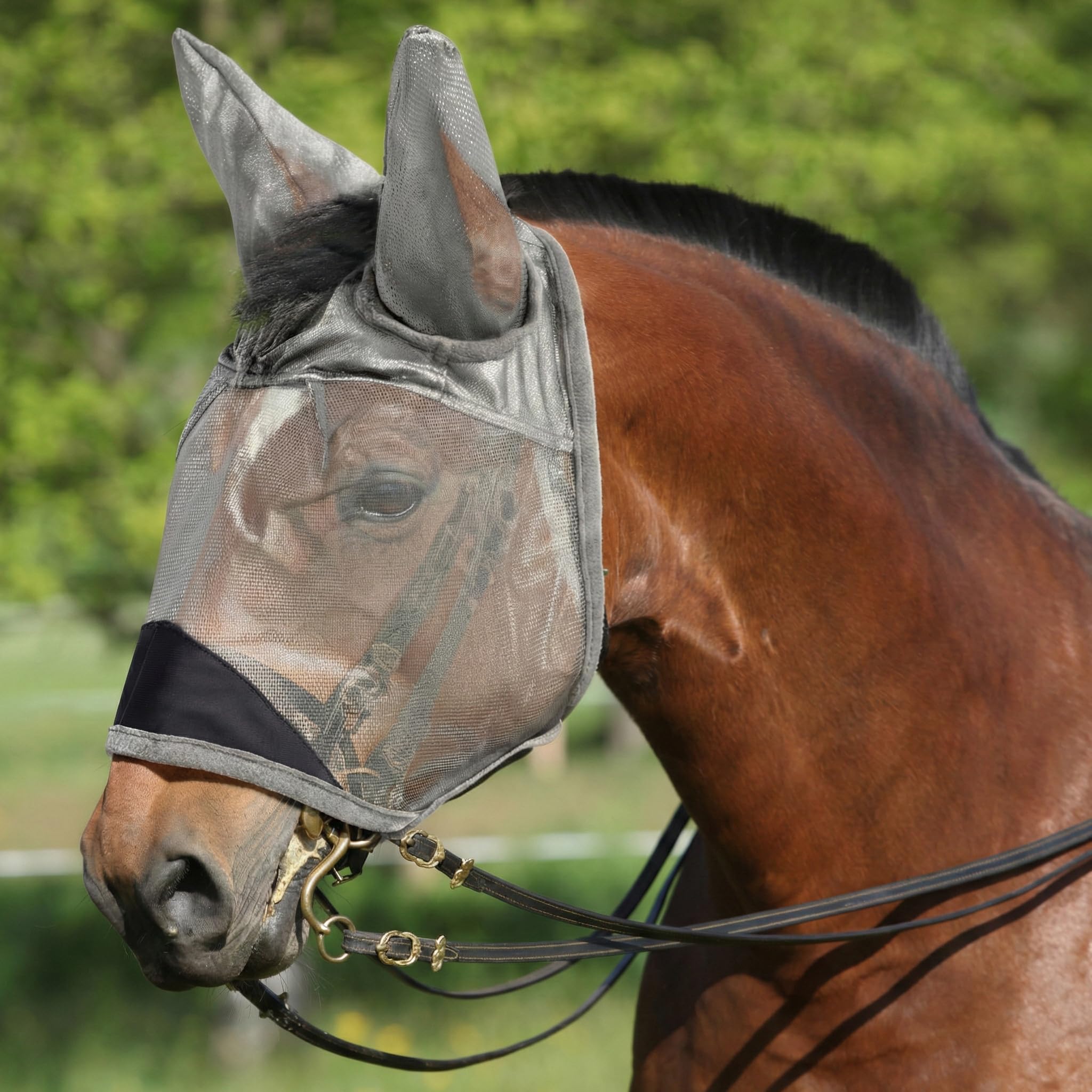Horse Fly Mask with Ears - UV Protection Fine Mesh Super Comfort Fly Masks for Horses, Adjustable Breathability Horses Masks, Pony Equine Fly Mask for Miniature Foal Draft Cob Srabian Full (Gray, L)