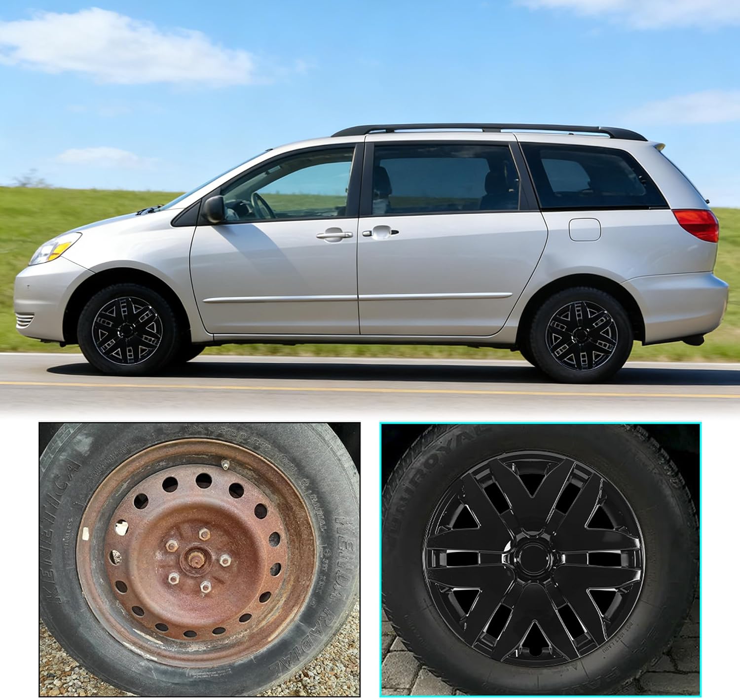 16 Inch Hubcaps Wheel Covers Fit for 2004-2010 Toyota Sienna [2004 2005 2006 2007 2008 2009 2010], R16 Hub Caps Wheel Rims Cover Replacement Snap-On Car, Set of 4, PP Material, Black Lacquer