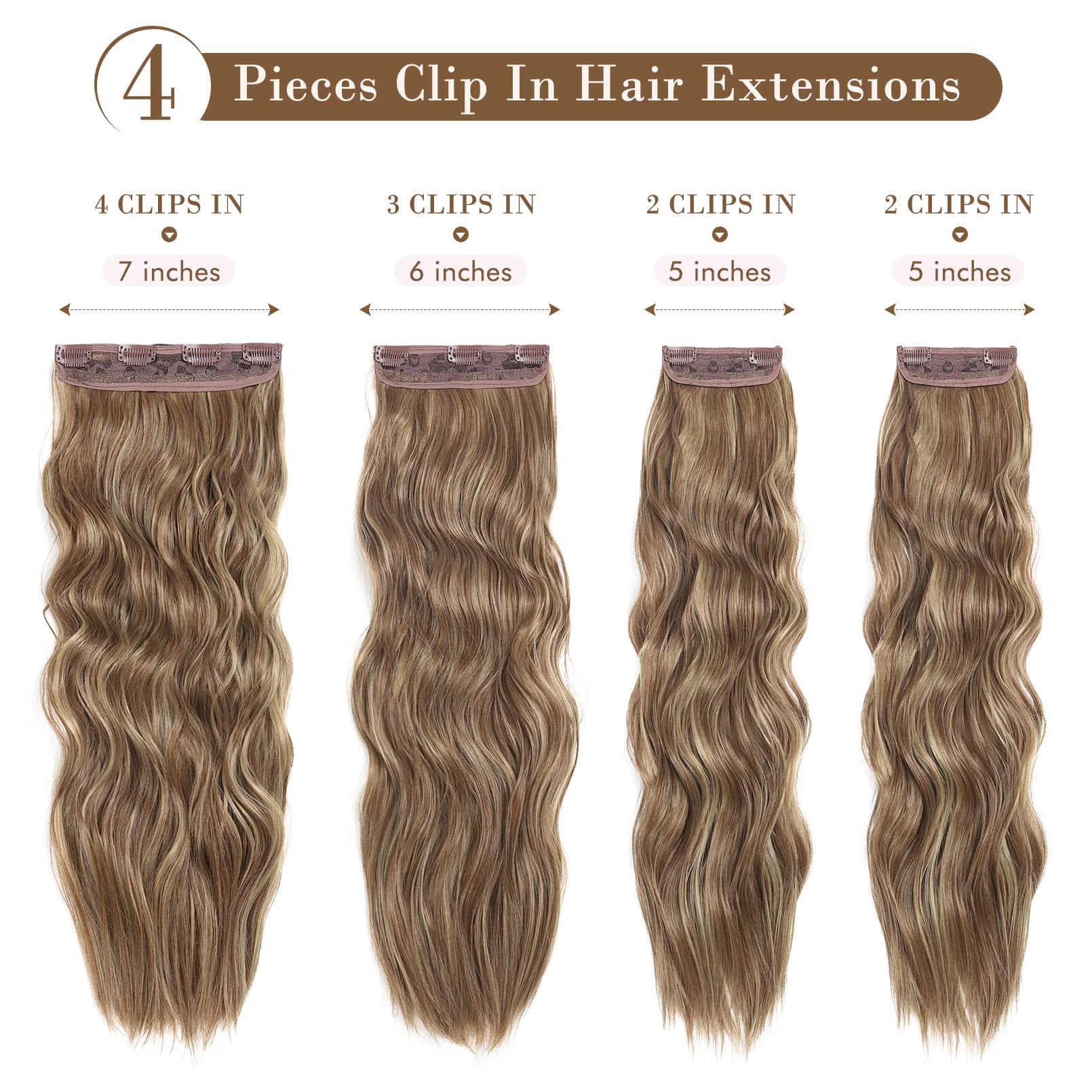 REECHO Hair Extensions, 4PCS Clip in Hair Extensions Natural Soft Synthetic Hairpieces for Women, Light Brown with Blonde Highlights