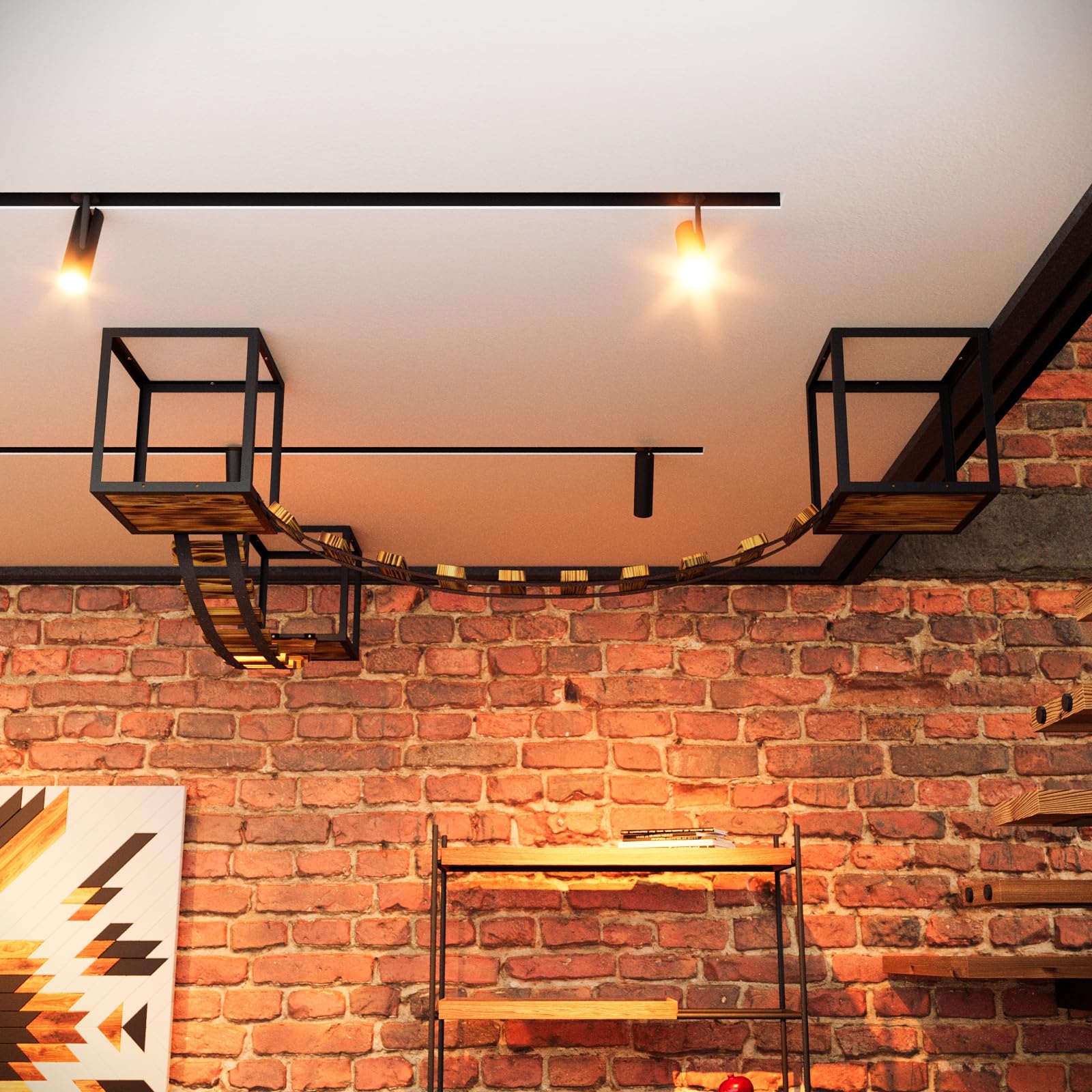 QLS Set arrampicata gatti legno/acciaio da soffitto loft | Con 2 ponti e 3 lettini per arrampicarsi, osservare e riposare, combinabile ed espandibile