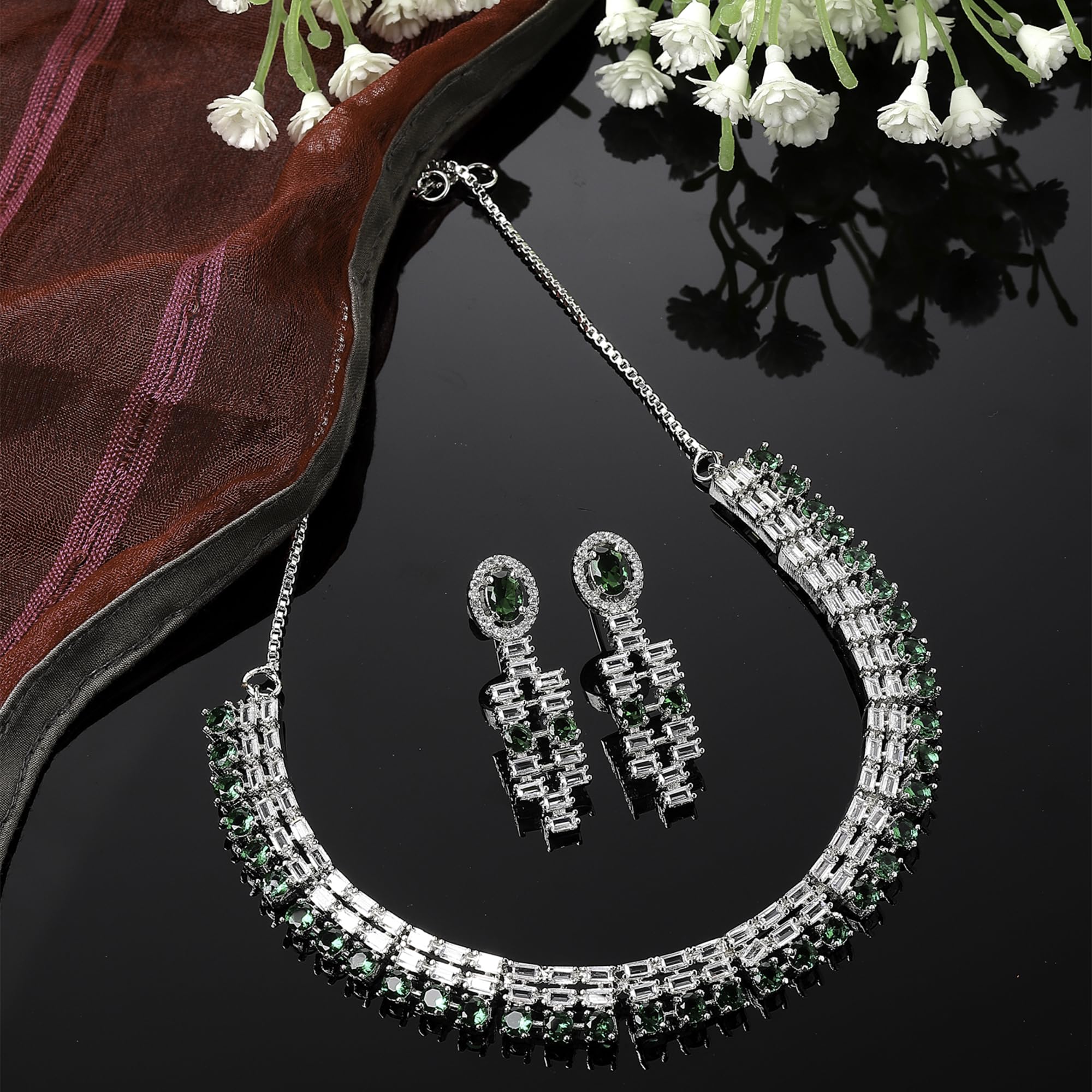Rhodium-Plated Round Shape American Diamonds Necklace Set