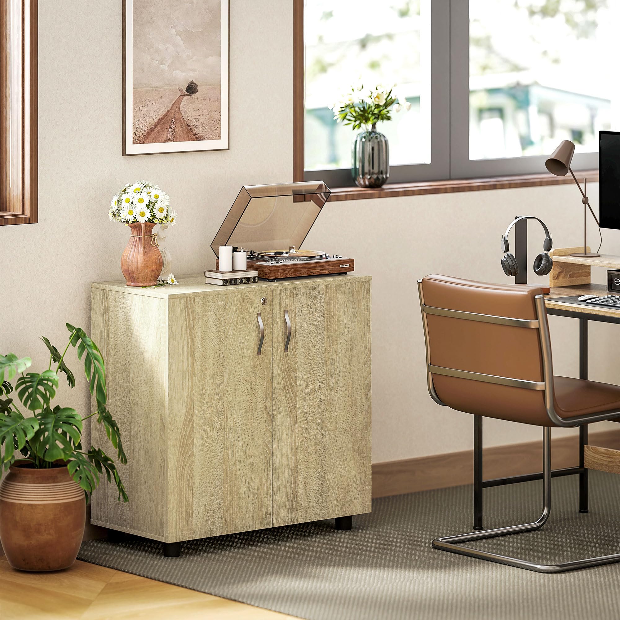 Vinsetto Armadietto per Documenti con Serratura, Armadio da Ufficio con 2 Ante e 2 Ripiani, Mobiletto Multiuso Portaoggetti con Maniglia in Lega di Alluminio, per Casa Ufficio, 80x40x80 cm, Rovere