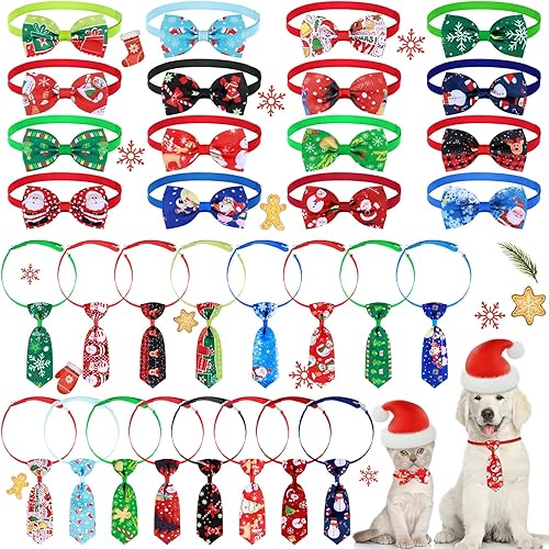 Saintrygo Juego de 32 lazos de Navidad para perros para perros, incluye 16 corbatas para perros y 16 corbatas para perros con collar ajustable,