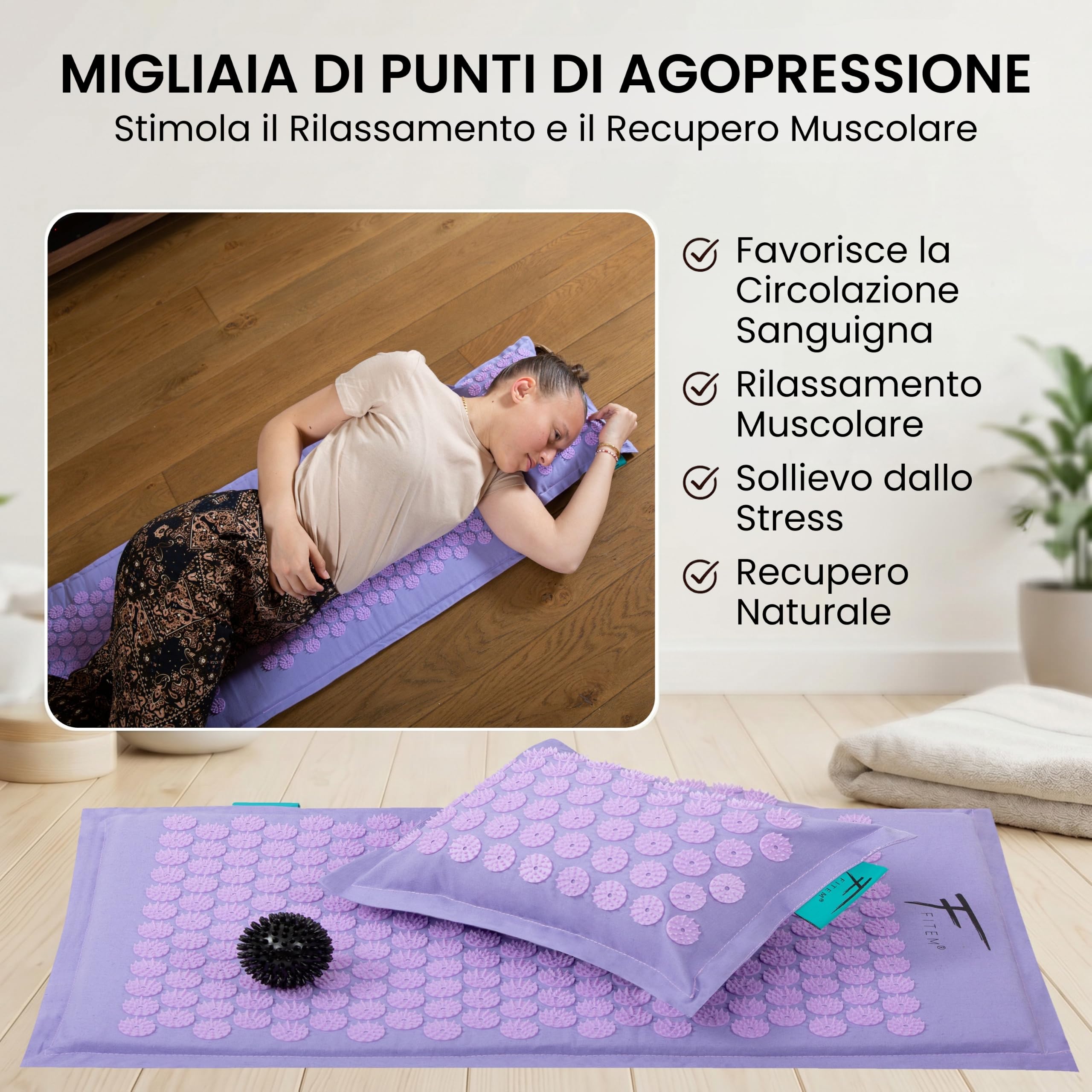 Fitem Set Tappetino Agopressione in Cocco Viola