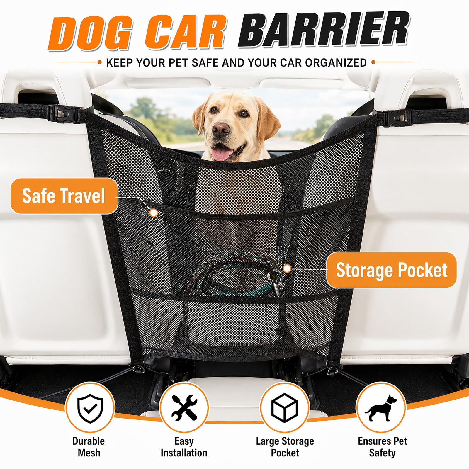 Griglia per cani per auto, 69 cm x 57 cm, regolabile, universale, con tasche portaoggetti, griglia divisoria per bagagliaio e sedile posteriore, barriera di sicurezza contro il cane dal