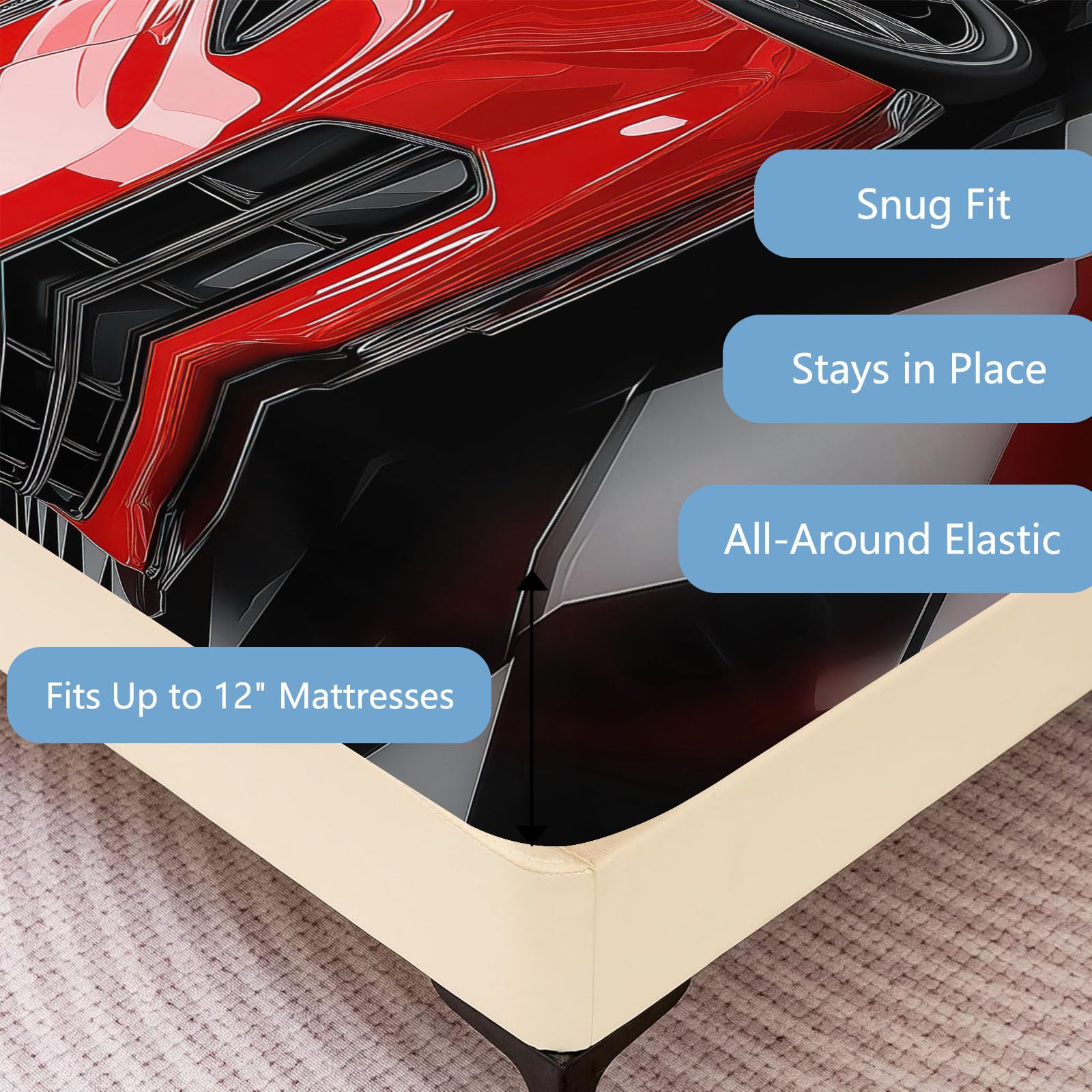 Sábana bajera ajustable 3D moderna de microfibra suave para niños y adolescentes, resistente a la decoloración, con bolsillo profundo de 30 cm, tamaño Super King, 180 x 200 cm, color negro