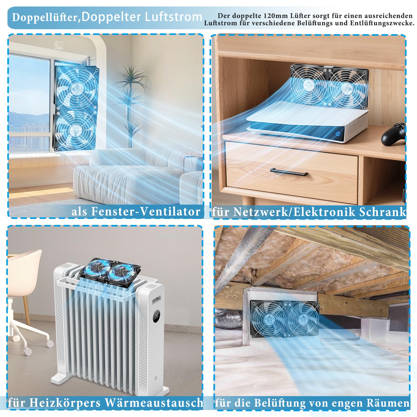 GDSTIME Dual 120mm Lüfter 230V 2 x 120mm PC Lüfter 220V Doppelkugellager DC 4V-12V Einstellbare Geschwindigkeit für Schrank Server Router Verstärker Kühlung Belüftung