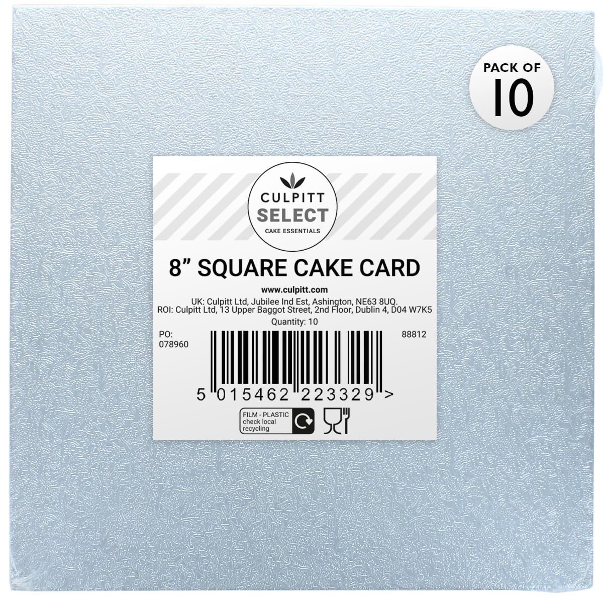 Culpitt Silver,White Select 8" Square Cake Boards, 3Mm Double Thick Cards For Celebration Desserts, Birthday Treats, Cupcakes, And More! 8 Inch, Pack Of 10