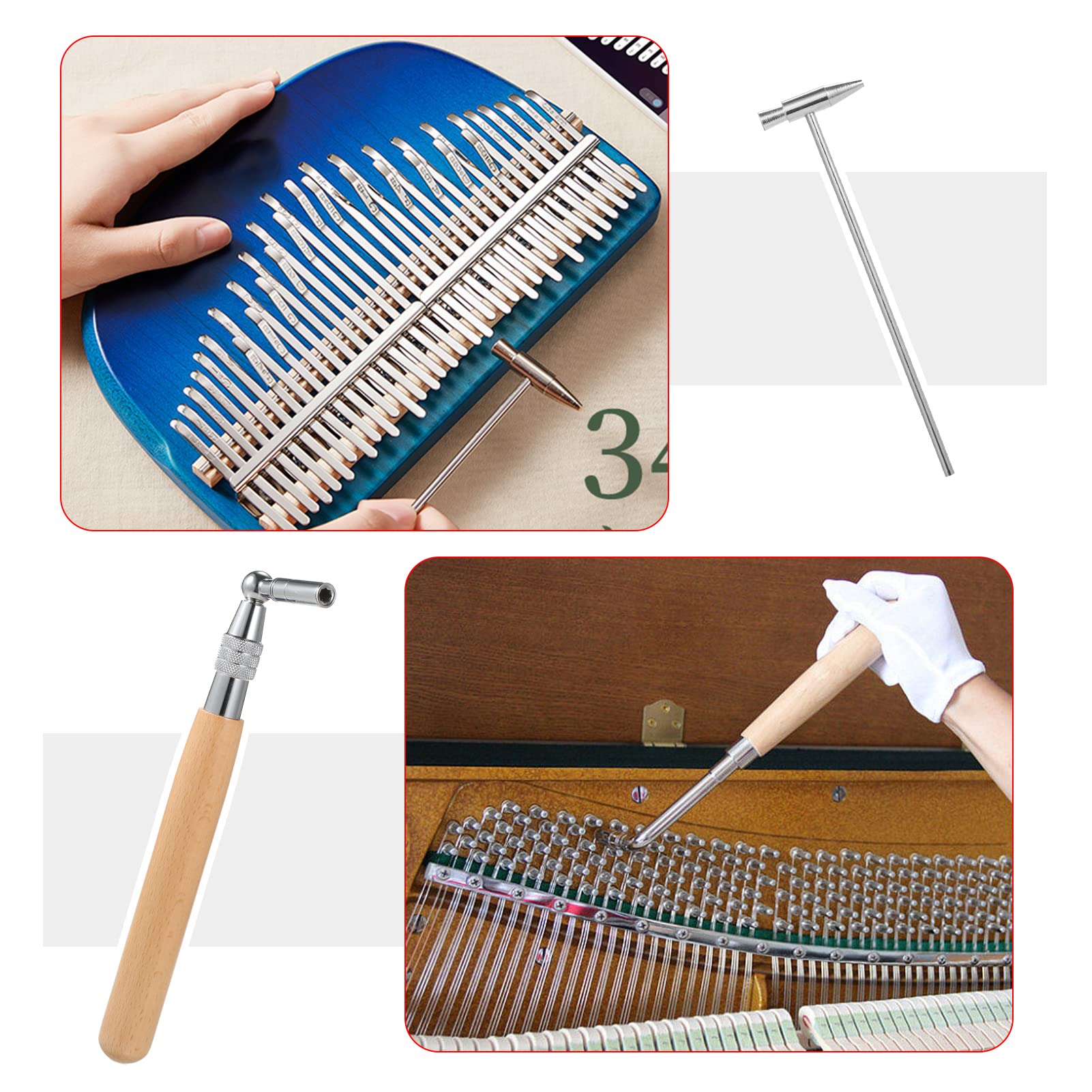 Jemora 16 piezas Kit de afinación de piano Juego de herramientas de afinación profesional Llave de afinación Llave de afinación de mango largo Llave de afinación de goma Destornillador Pinzas Martillo