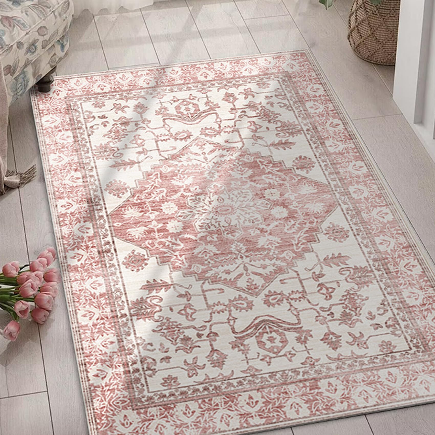 Tapis vintage à motif floral rose crème tissage haut de gamme 200x300
