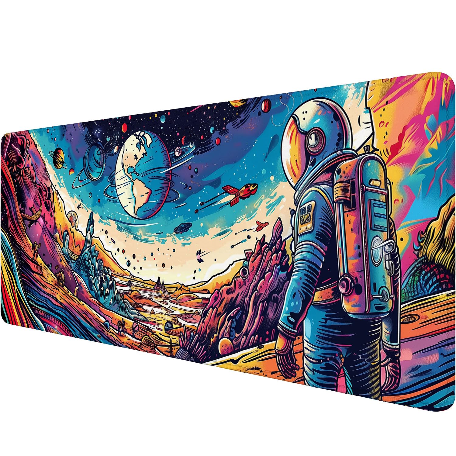 Space Planet Desk Mat Astronaut Spaceship Cosmic Large Gaming Mouse Mat with Stitched Edges,Non-Slip Waterproof Rubber Base Mous Mat 31.5"x11.8"