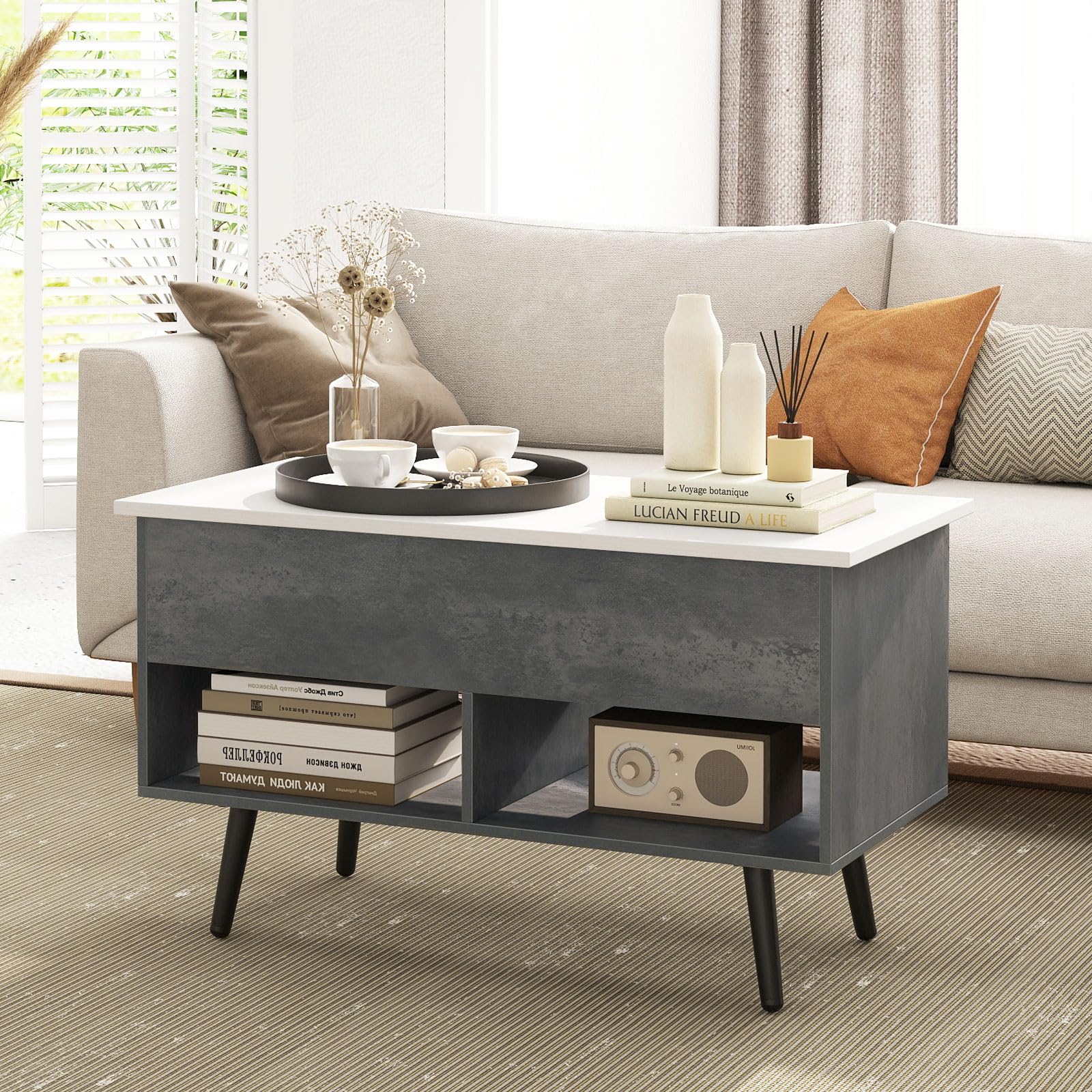 LIFEZEAL Tavolino Salotto Sollevabile, Tavolino Basso da Caffè, Soggiorno, Moderno, Salvaspazio, con Piano Elevabile, Gambe in Legno Massello, Contenitore, 2 Scomparti, 80x40x44,5-58cm (grigio)
