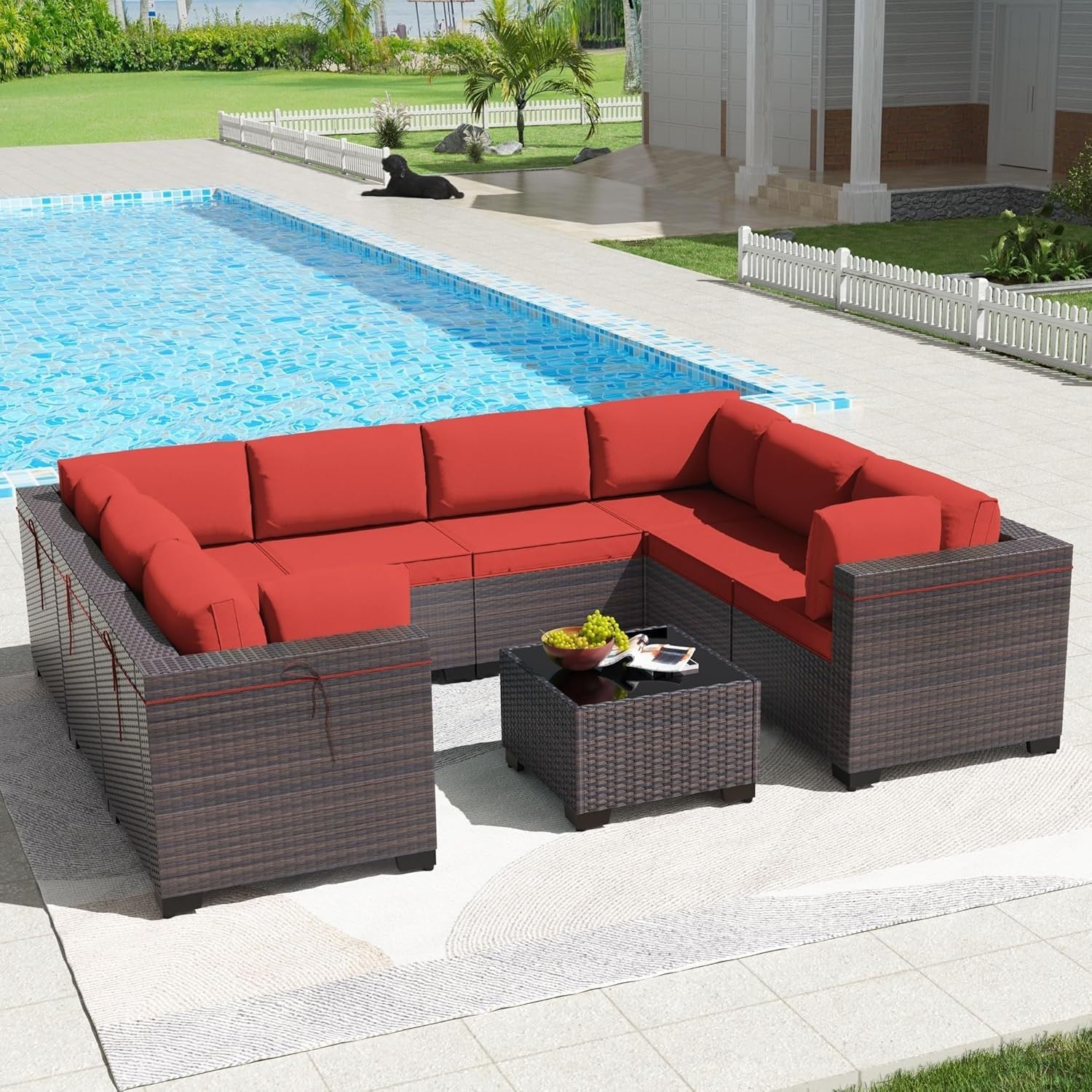9 Pieces Outdoor Patio Furniture Set PE Wicker Rattan Sectional Sofa Patio Conversation Sets with Thickened Cushion for Backyard Porch Balcony Poolside Garden(Red)