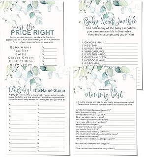 Greenery Baby Shower Juego Bundle (25 huéspedes) incluye Who Knows Mommy Best, Word Scramble, Baby Name Game, Price Guess ...