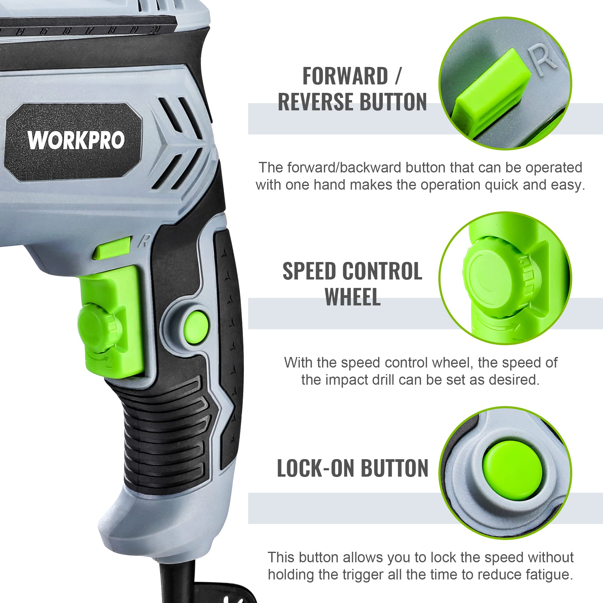 WORKPRO Trapano a Percussione 850 W, Trapano Elettrico a Filo, Trapano a Percussione con Impugnatura Girevole a 360°, 3000 giri/min, Pulsante di Velocità Variabile