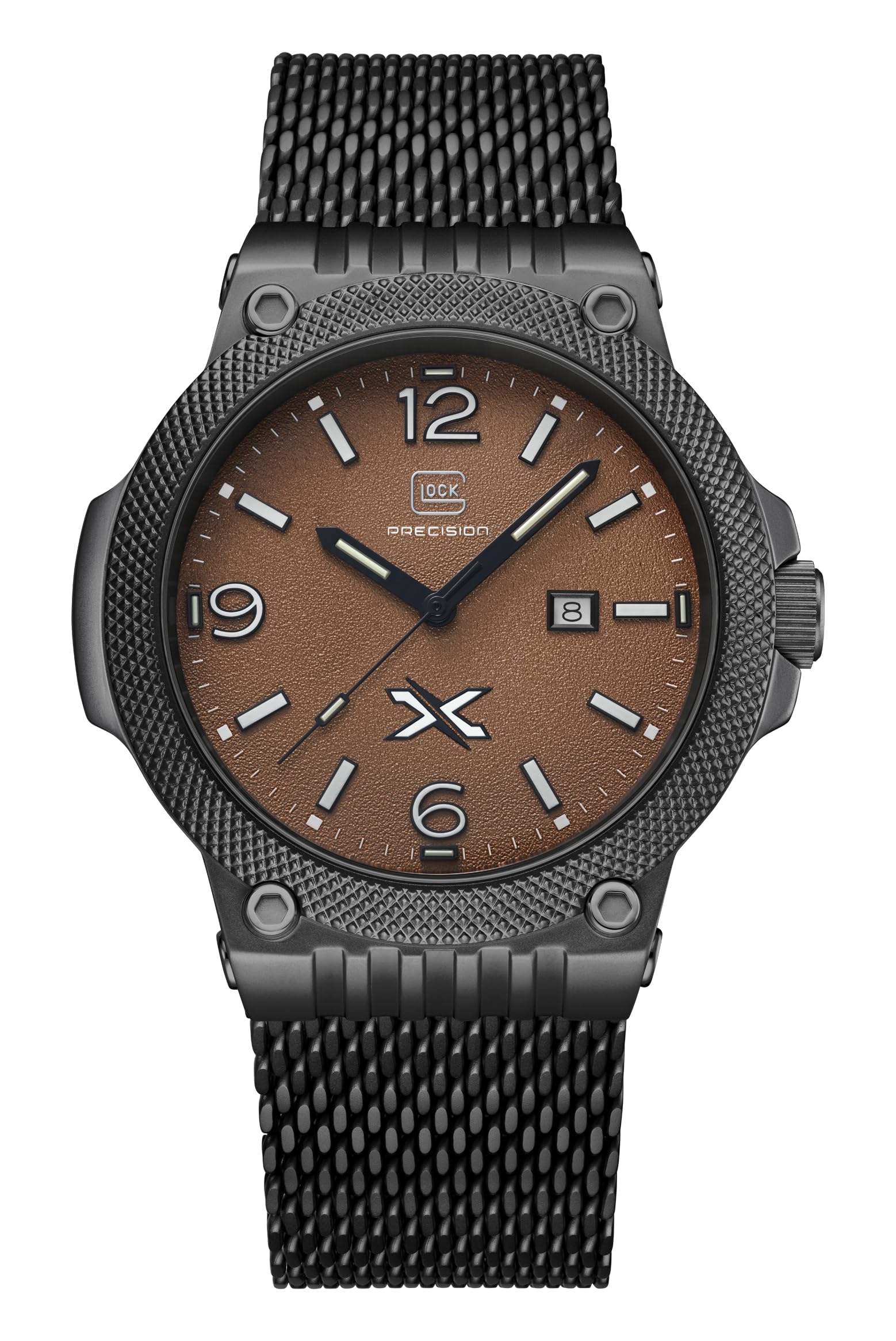GLOCK Reloj de cuarzo para hombre | Caja de 43 mm | Reloj de pulsera con caja de acero inoxidable negro | Esfera con textura de arena | Correa de malla negra | 10ATM | GW-43-5-24