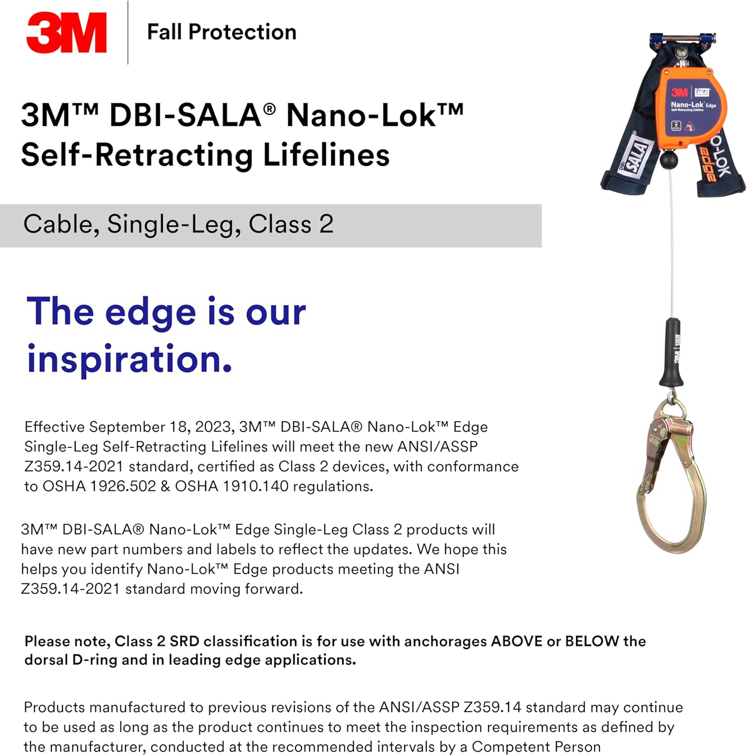 3M™ DBI-SALA® Nano-Lok™ Edge Self-Retracting Lifeline with Quick Connect 3500290, Cable, Steel Rebar Lock Hook, 8 ft., Class 2