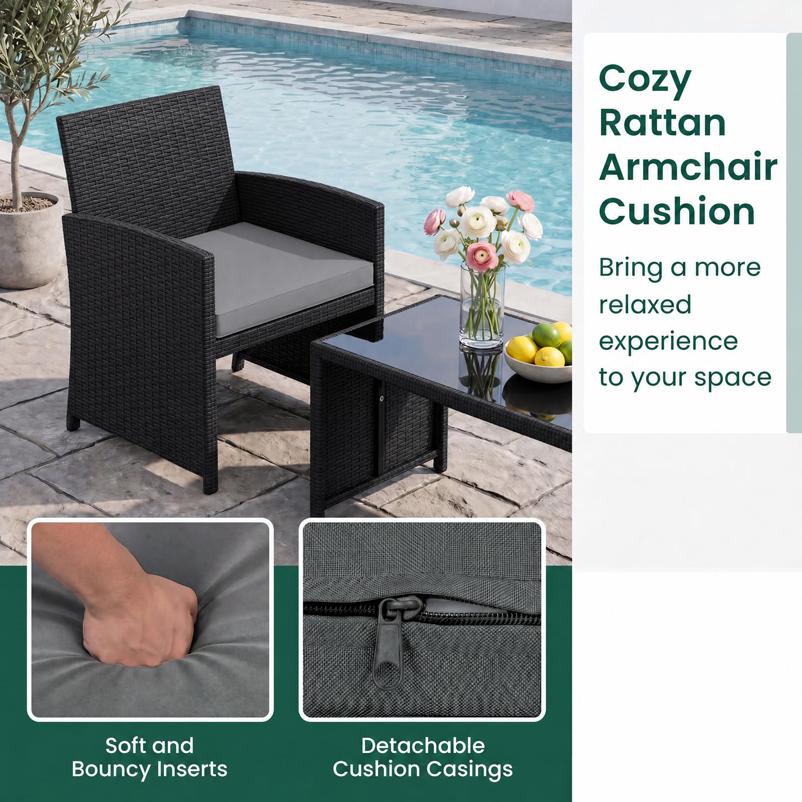 GIANTEX Conjunto de Muebles Ratán para Jardín, 4 Piezas, Sofá de 2 Plazas, 2 Sillones, Mesa de Centro con Tablero de Vidrio, para 4 Personas, Mesa y Sillas para Terraza, Patio (Negro+Gris)
