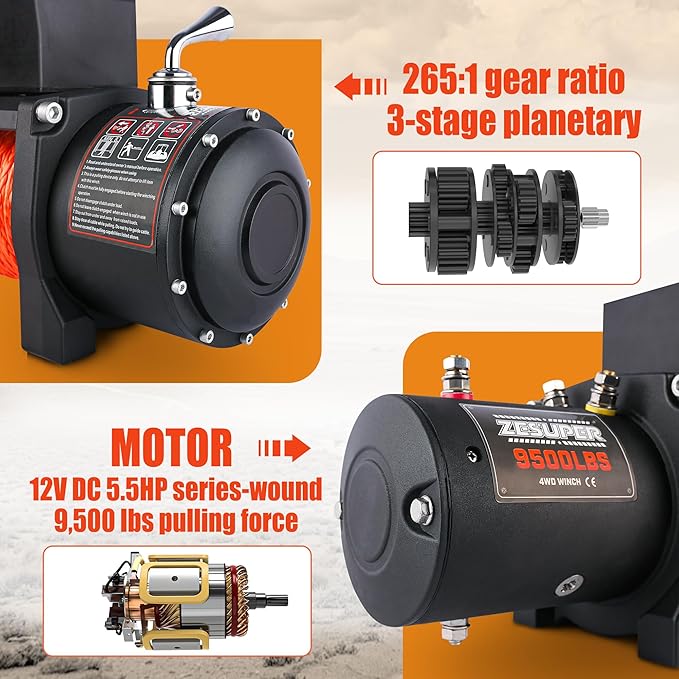 Winche Eléctrico 9500 lb, 12V, IP68, Control Remoto Inalámbrico, 80ft Cuerda Sintética miniatura 3