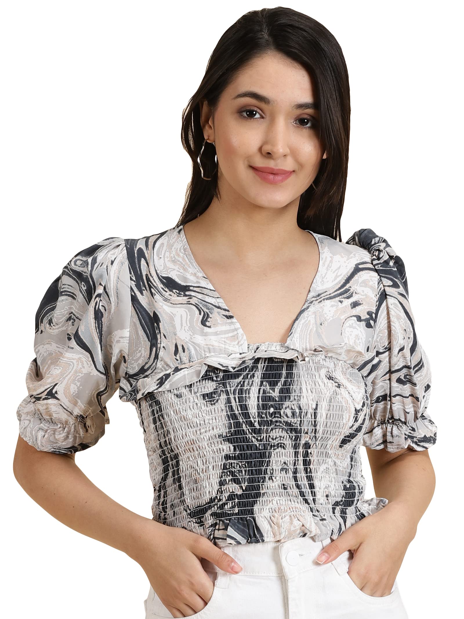 Women's Printed V-Neck Grey Cinched Waist Crop Top-AE-10617_Grey_XL