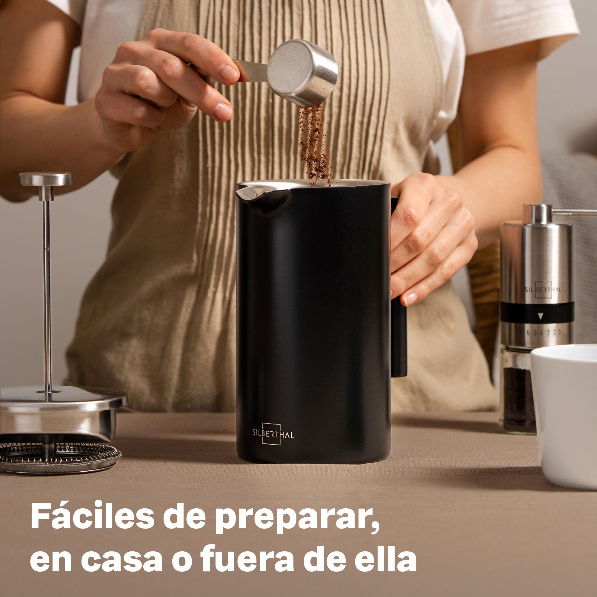 SILBERTHAL Set molinillo, cafetera francesa 1L y tarro - Inox y cristal | 6 niveles de molido - Acero inoxidable y cristal - Ideal para los amantes del café - Disfruta del café como un barista