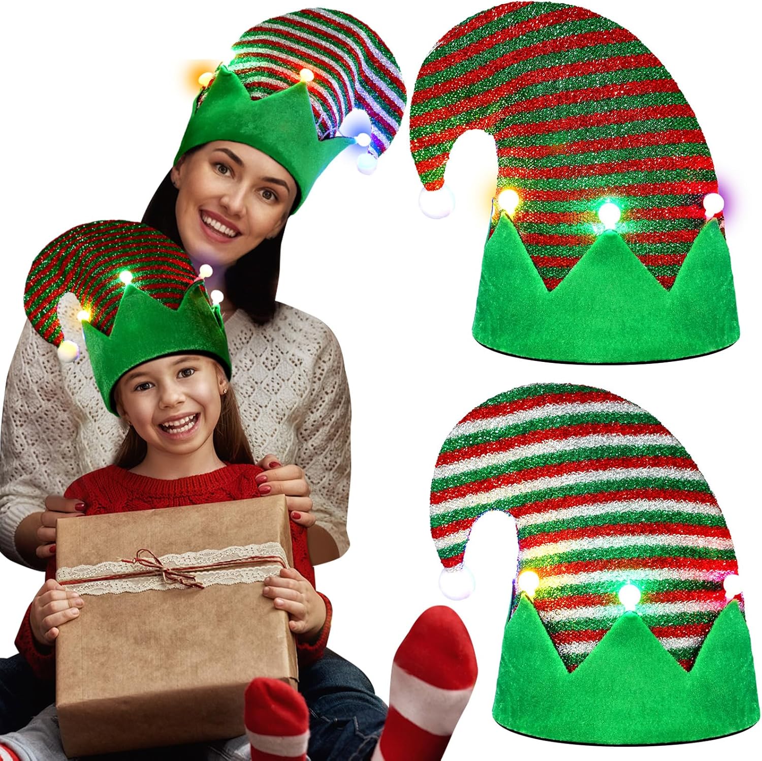 Suhine 2 Pcs LED Christmas Elf Hat 11.8 Inch Diameter Light