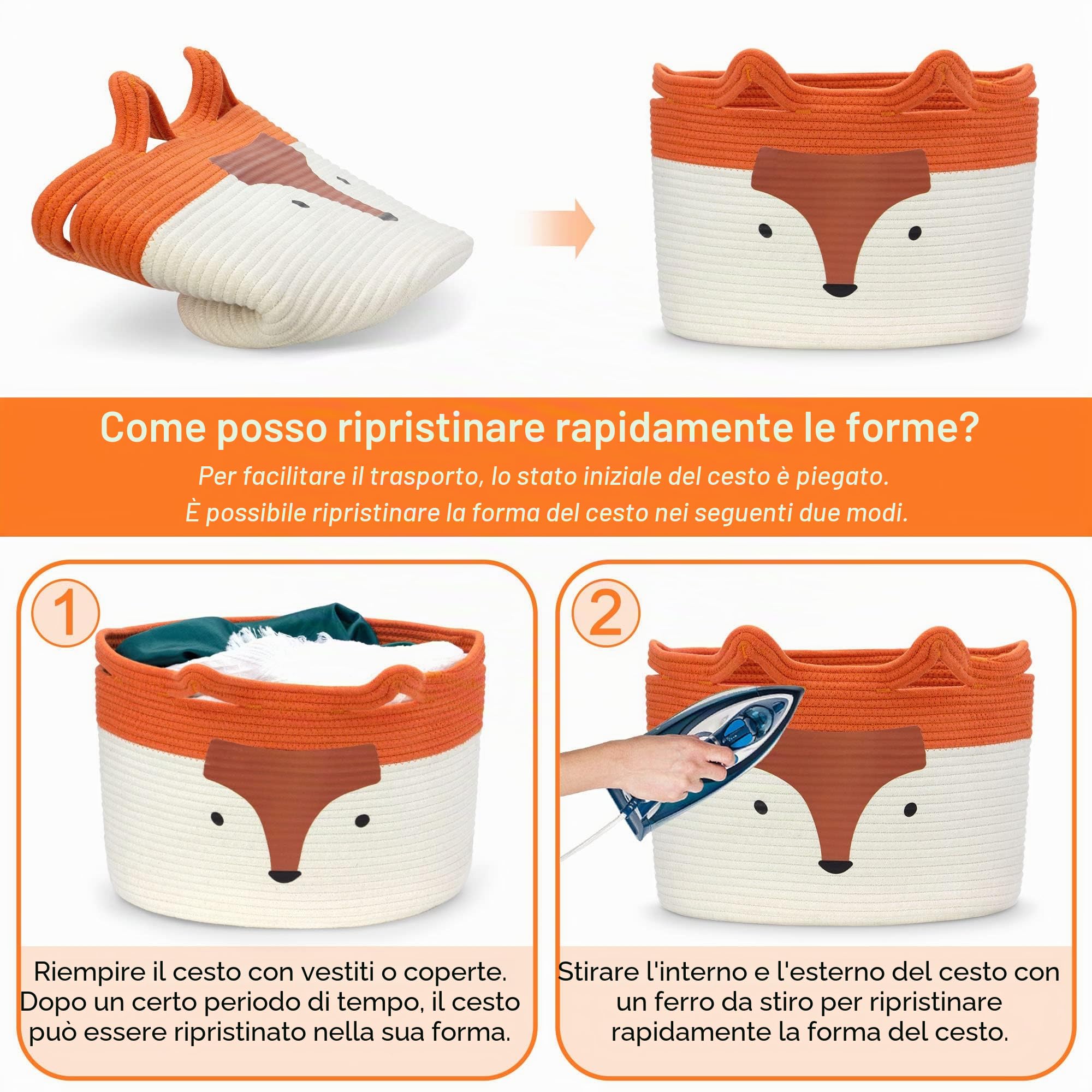 Cesto portaoggetti in cotone per giocattoli e biancheria Volpe, decorazione cameretta bambini