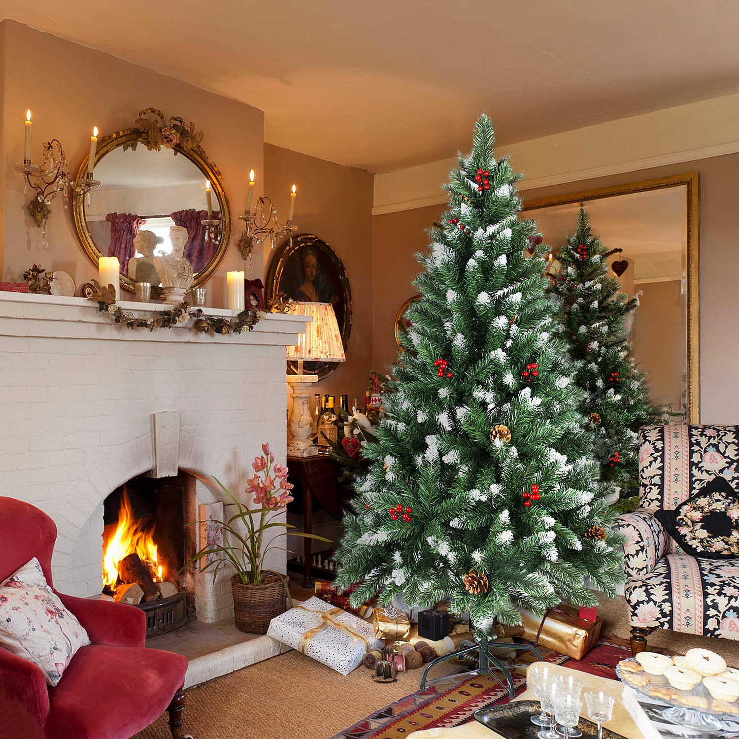 Weihnachtsbaum künstlich, 120/150/180/210 cm mit Tannenzapfen, Tannenbaum mit Schnee-Effekt und rote Beere Deko, beschneiten Spitzen und Kunsttanne mit Metallständer (180cm)