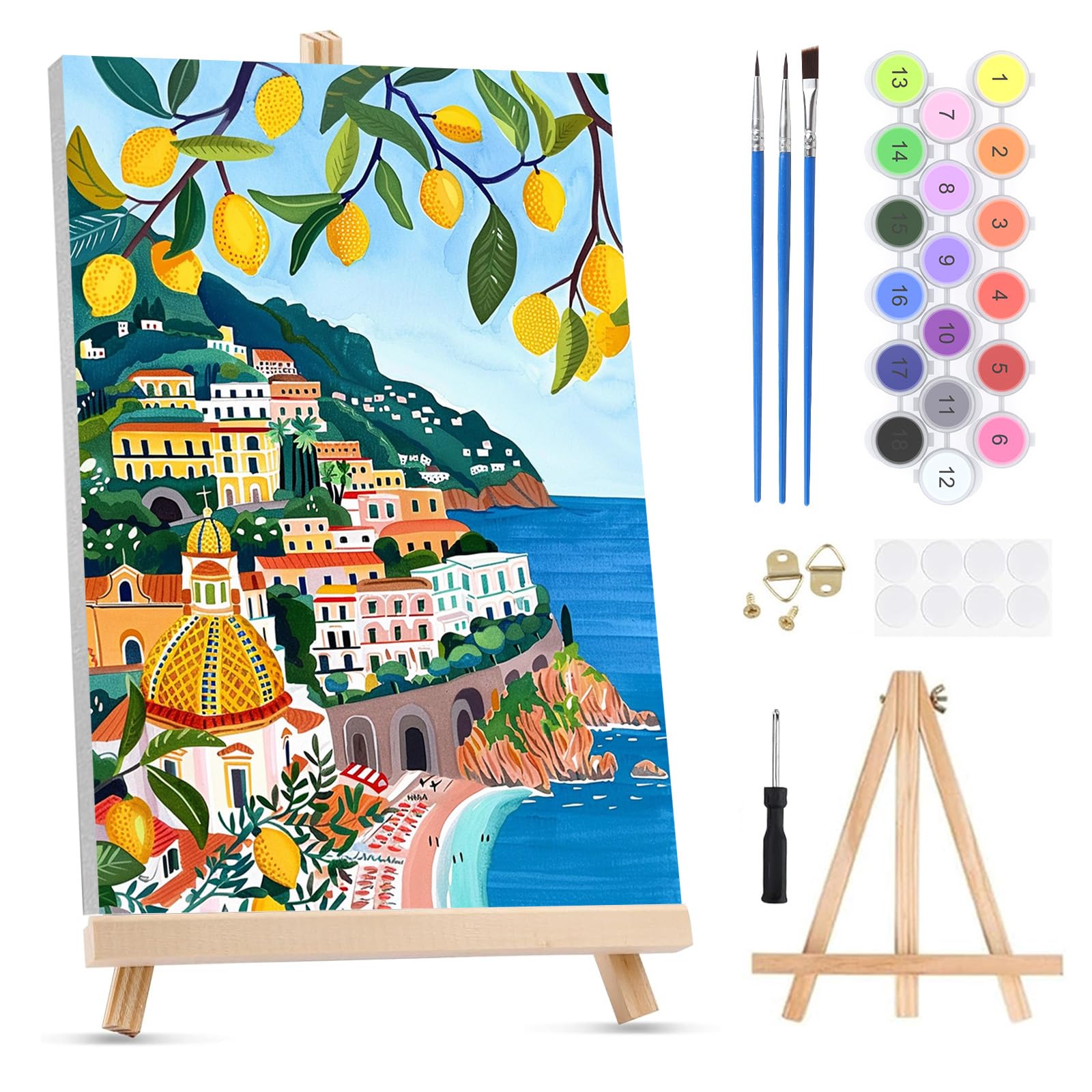 QENSPE Paint by Numbers for Adults on Framed Canvas - with Wooden Easel, Amalfi Coast Painting by Number Kit for Beginners, DIY Italy Acrylic Oil Painting for Home Wall Decor 8x12 Inch