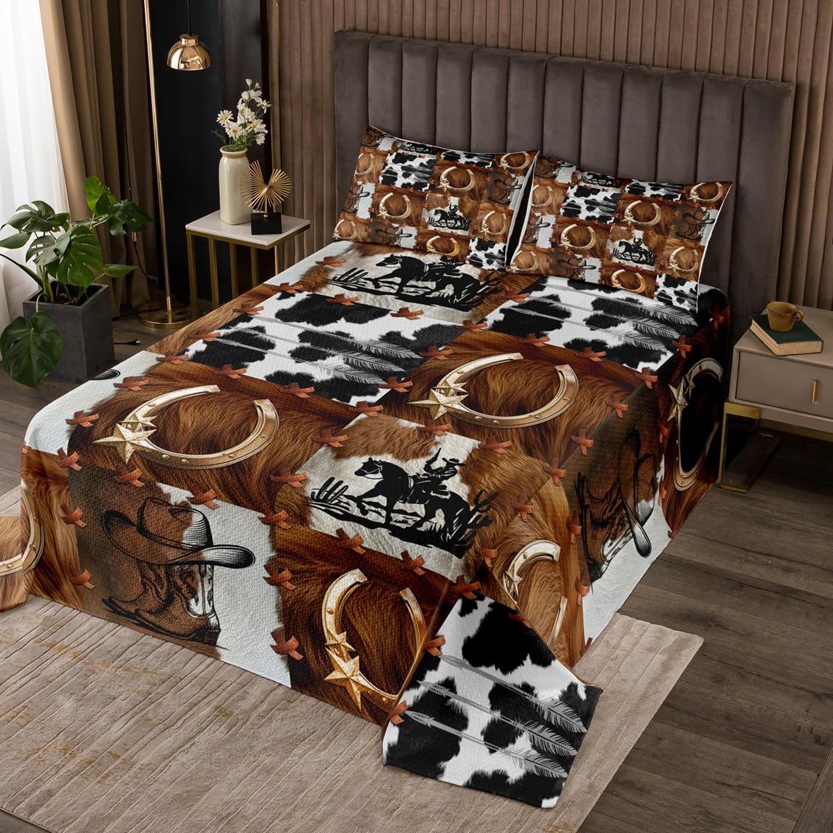 Western Bedspread Queen Size, Cowboy Boots Hats Horseshoes Coverlet Set 3pcs, Abstract Cow Fur Print Patchwork Quilted Coverlet with 2 Pillowcases, Kids Boys Teens Room Decor, Soft Bedding Quilt