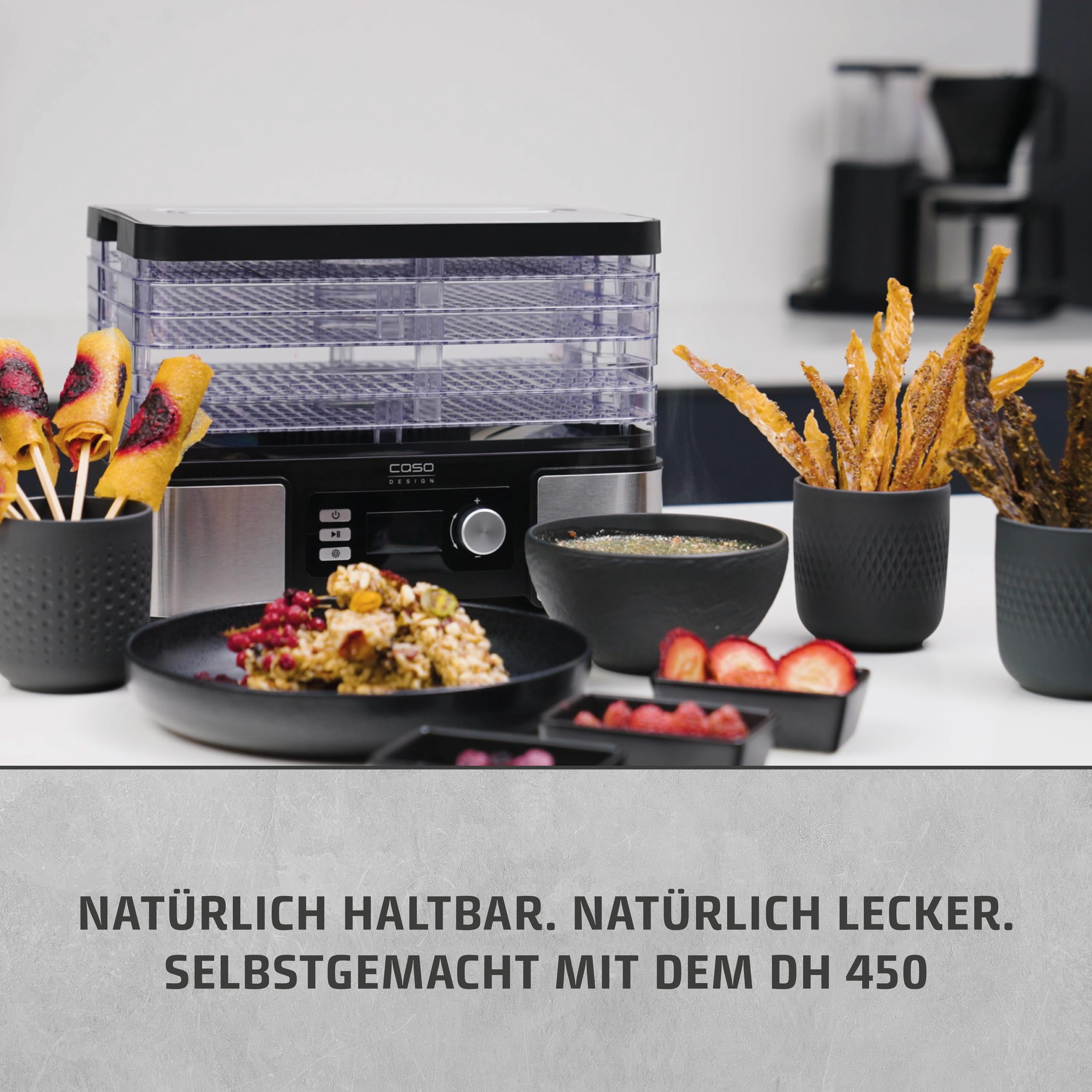 Caso DH 450 Dörrautomat, Testsieger Haus & Garten Test, für z.B. Obst, Gemüse, Kräutern etc., Temperatur individuell einstellbar von 30 ‐ 70 °C, Timer einstellbar von 0,5 ‐ 48 h