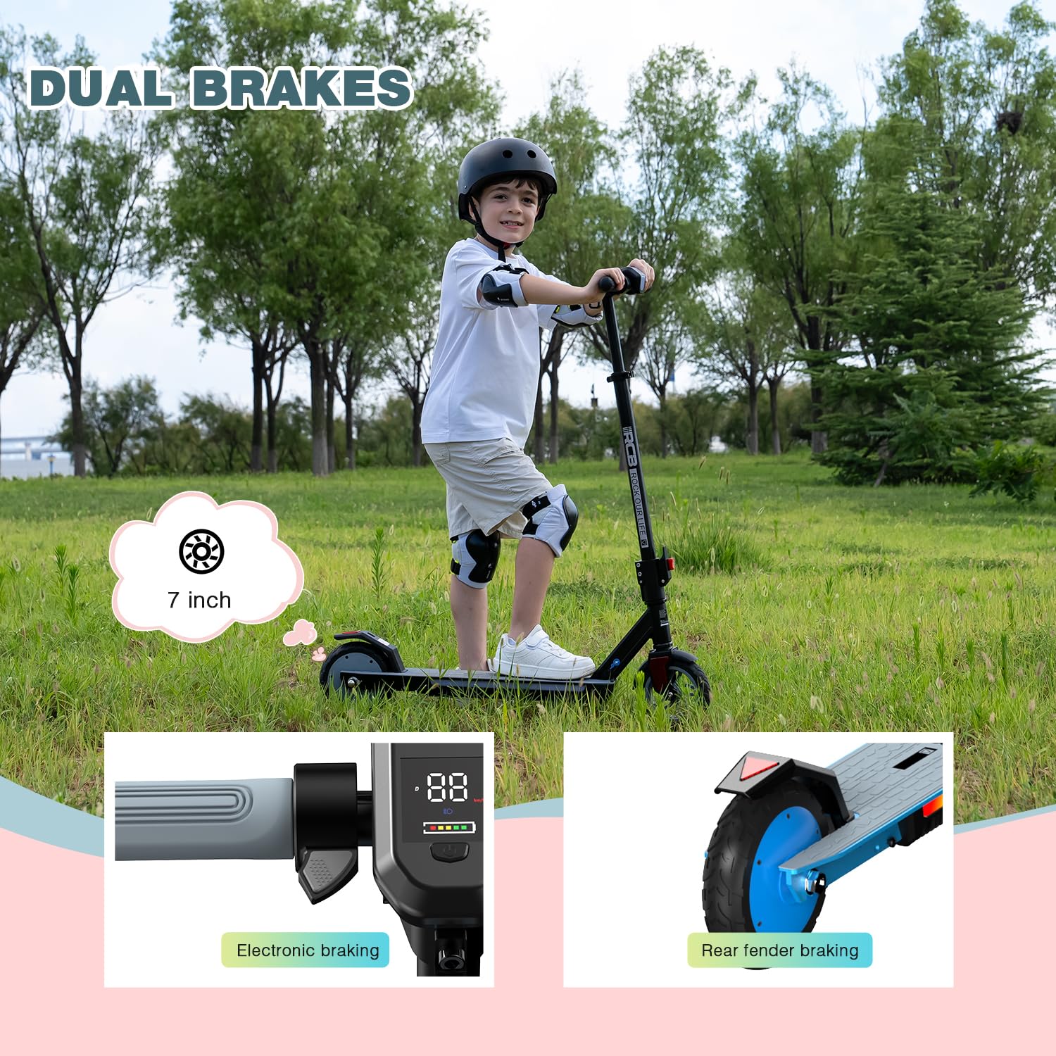 RCB R12 PRO E-Scooter Kinder 6-12 Jahren, bis zu 18km/h &15km, 7 Zoll Faltbar Elektroroller,Höhenanpassung,Bunte Leuchten,LED Display,Doppelte Bremsen, Geschenk für Kinder