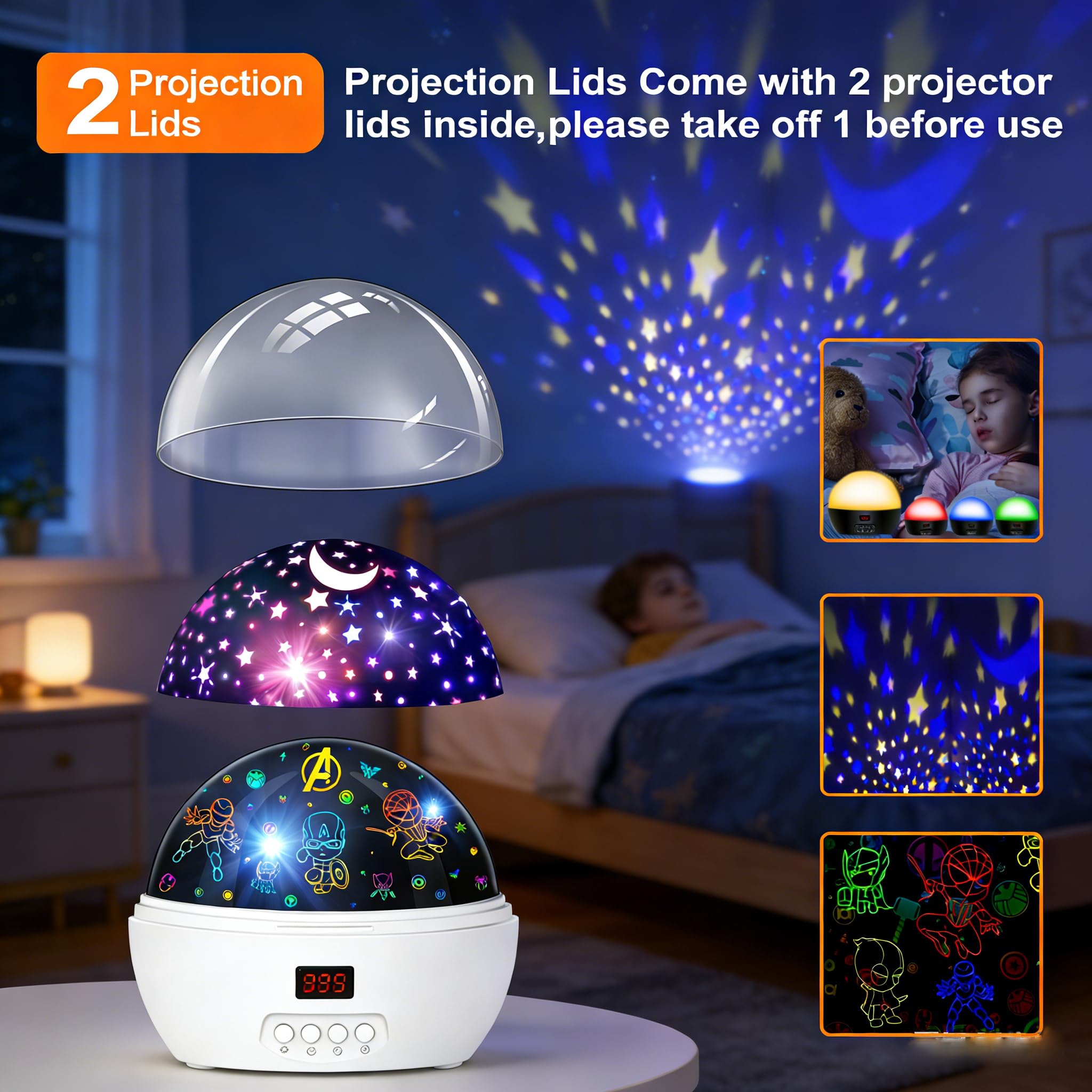 MOKOQI Proiettore di luce per bambini, giocattoli da supereroe per ragazzi 5-7 Avengers Proiettore di luce notturna con timer per camera dei bambini, rotazione di 360 gradi Luci notturne per bambini