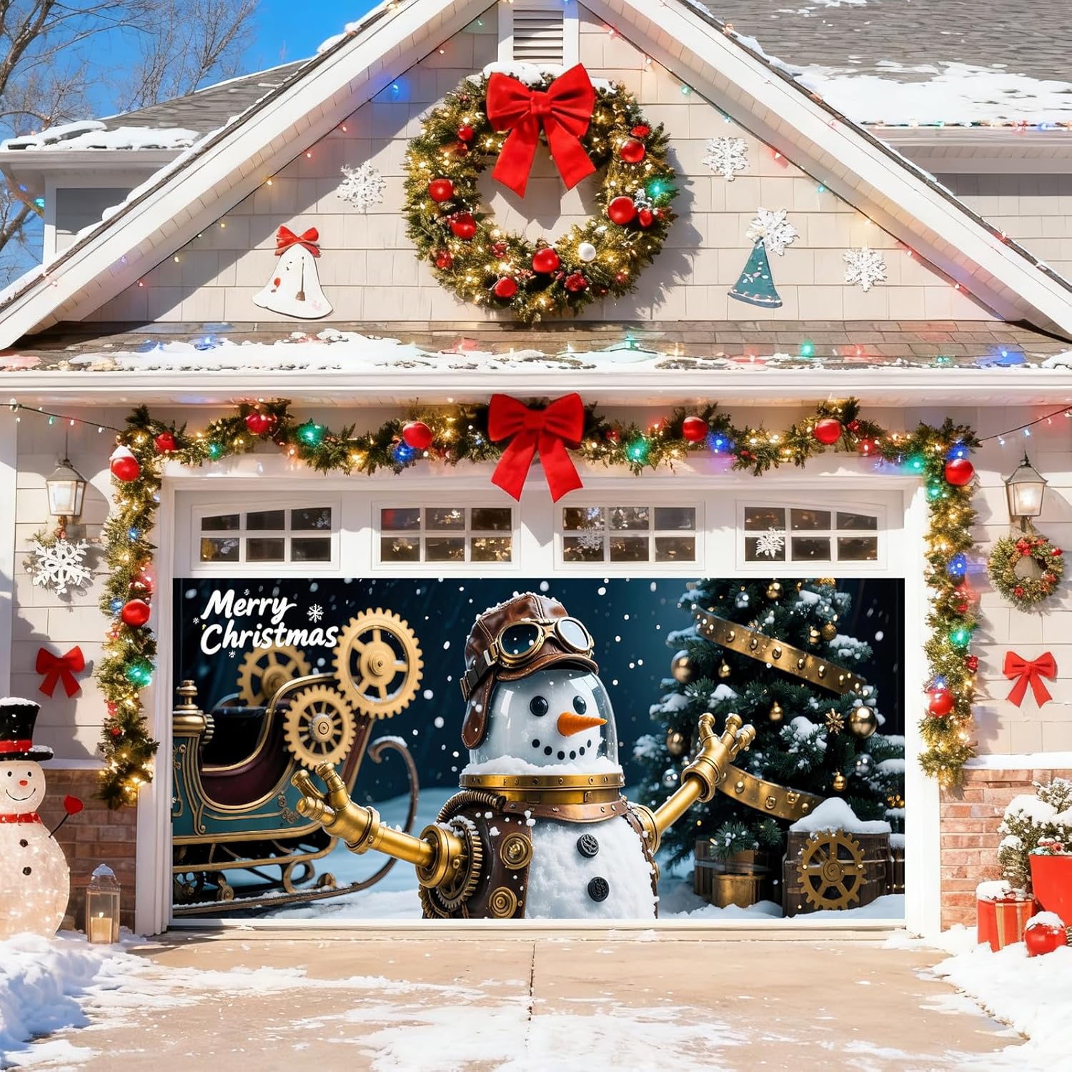 Christmas Garage Door Cover Merry Christmas Banner Large Garage Door Decorations for Indoor Outdoor Xmas Holiday Party Supplies,Mechanical Snowman 7 x 16 ft