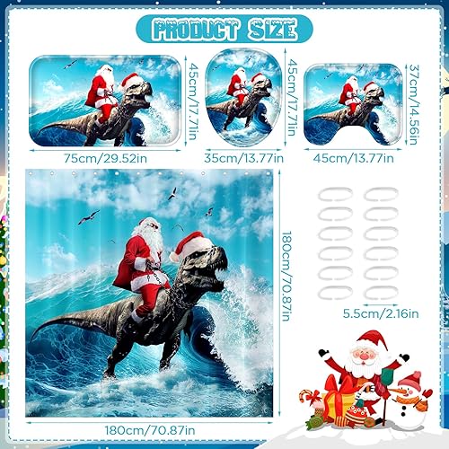 Miniatura 6 de 4 juegos de baño divertidos de dinosaurio de Navidad con alfombras antideslizantes, cortina de ducha de dinosaurio de Papá Noel, cubierta de tapa de