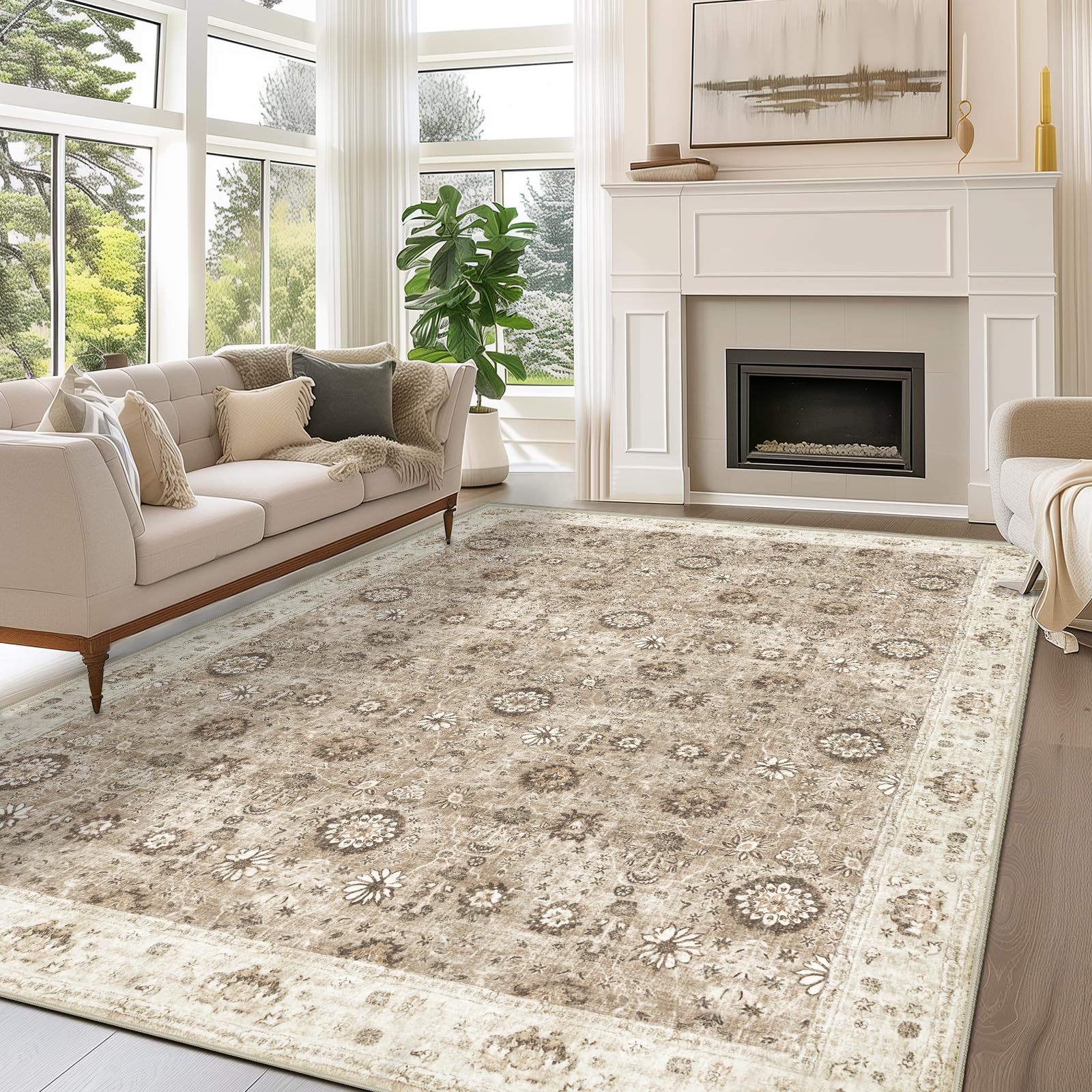 Capslpad Boho Brown 8x10 Rugs for Living Room Non-Slip Machine Washable Rug Soft Nom-Shedding Botanical Large Carpet Vintage