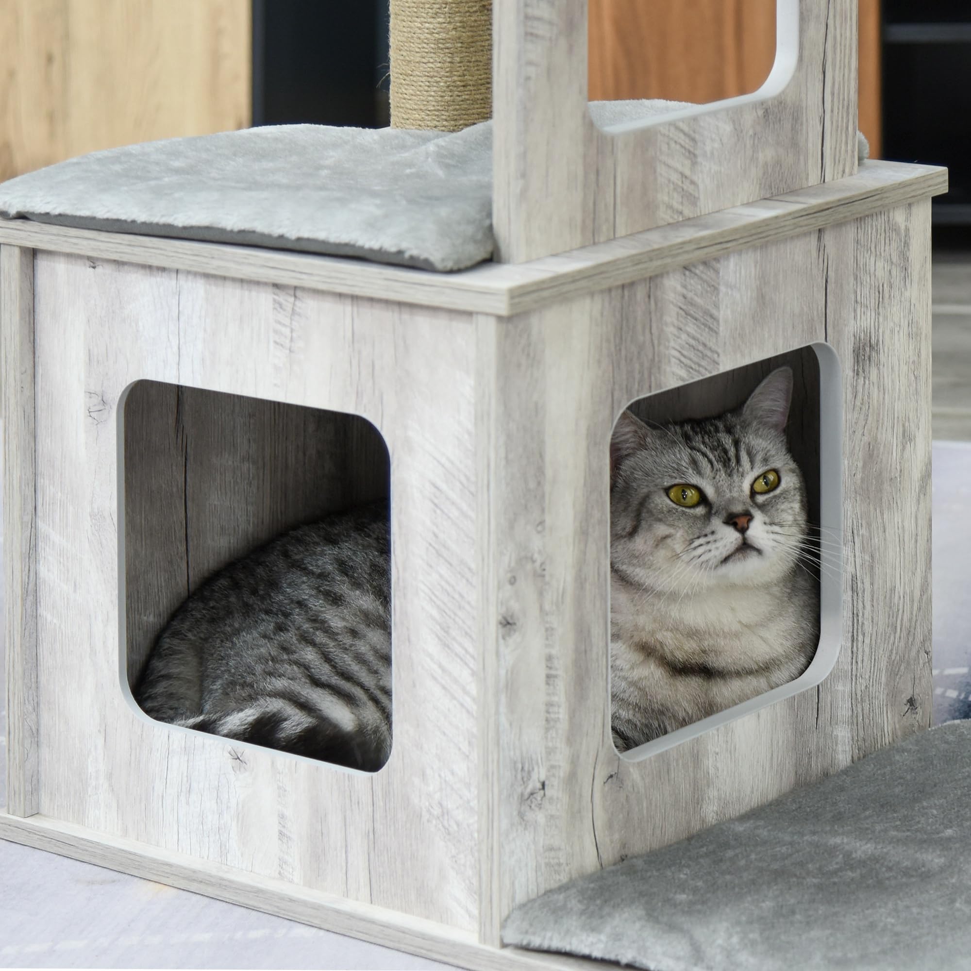 PawHut Árbol Rascador para Gatos con Cueva de Madera 67x38,5x114 cm Gris | Torre de Escalada de Gatos, Múltiples Plataformas, Postes de Rascar de Yute, Juego y Descanso